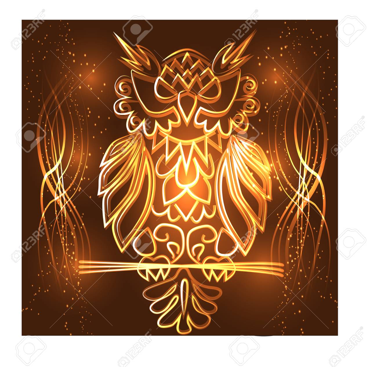 ファンタジー神秘的な金のフクロウ ネオンカラー サイケデリックヴィンテージスタイル 分離されたパターン 漫画のキャラクターの装飾鳥の装飾的な要素 ボヘミアンな背景 のイラスト素材 ベクタ Image