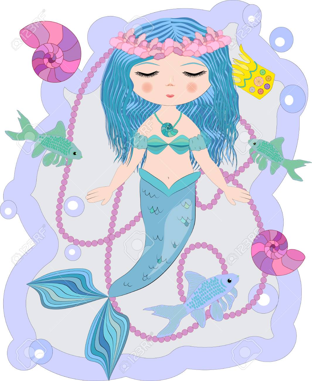 漫画 かわいい人魚 海の王女 サイレン 青い髪 目を閉じて 尾をフォーク のイラスト素材 ベクタ Image