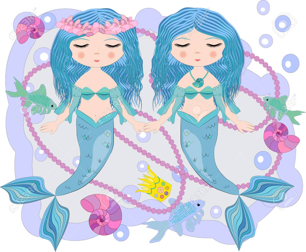 2つの漫画 かわいい人魚 ガールフレンド 海の王女 サイレン 青い髪 目を閉じてフォークされた尾のイラスト素材 ベクタ Image 2つの漫画 かわいい人魚 ガールフレンド 海の王女 サイレン 青い髪 目を閉じてフォークされた尾のイラスト素材 ベクタ Image
