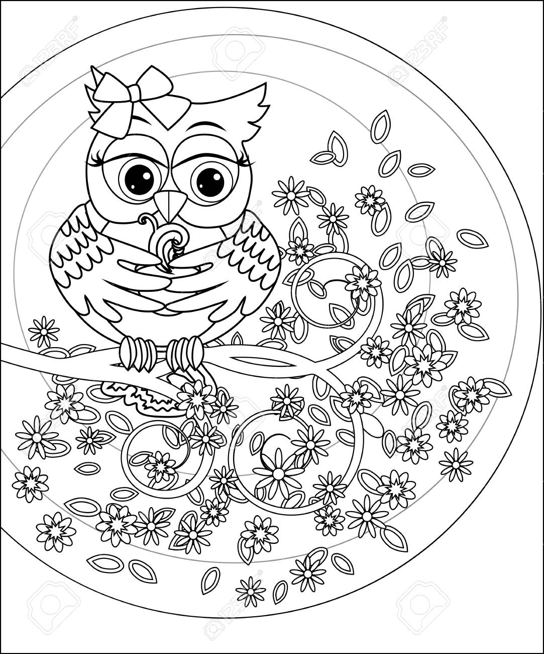 大人と年長の子供のための塗り絵 かわいいフクロウと花と着色ページ アウトライン描画 のイラスト素材 ベクタ Image 97740912