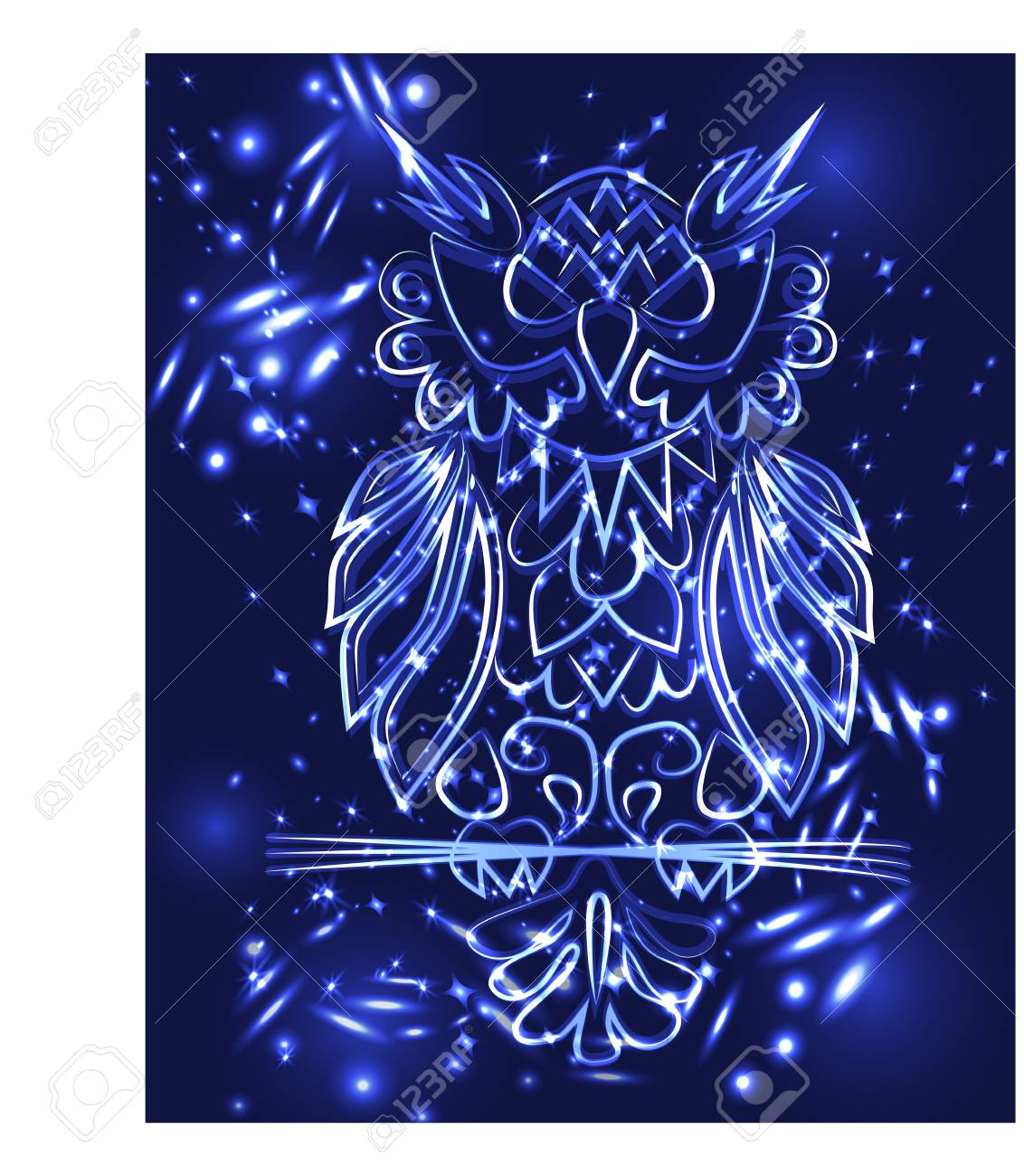 ファンタジー神秘的な青いフクロウ ネオンカラー サイケデリックヴィンテージスタイル 分離されたパターン 漫画のキャラクターの装飾鳥の装飾的な要素 ボヘミアンな背景 のイラスト素材 ベクタ Image