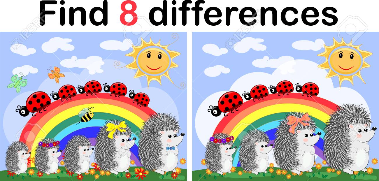 Find the differences between the pictures. Children's educational game. Hedgehogs on a sunny glade near the rainbow, ladybugs - 105658525 Find the differences between the pictures. Children's educational game. Hedgehogs on a sunny glade near the rainbow, ladybugs - 105658525
