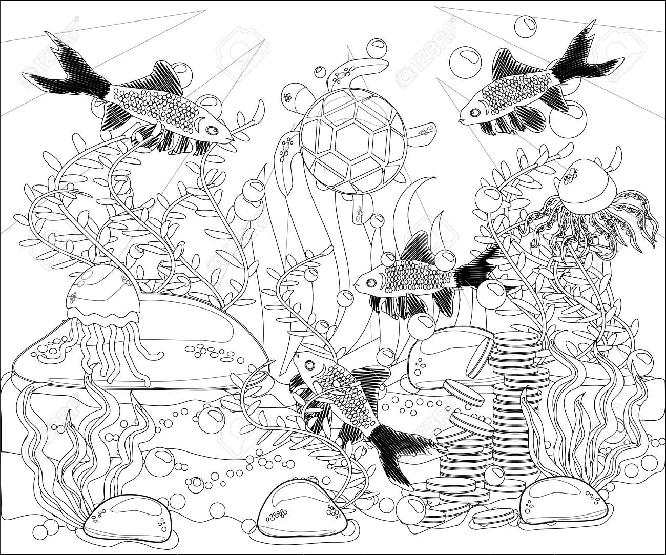 Underwater World. Anti Stress Coloring Book For Adult. Outline - Underwater World. Anti Stress Coloring Book For Adult. Outline