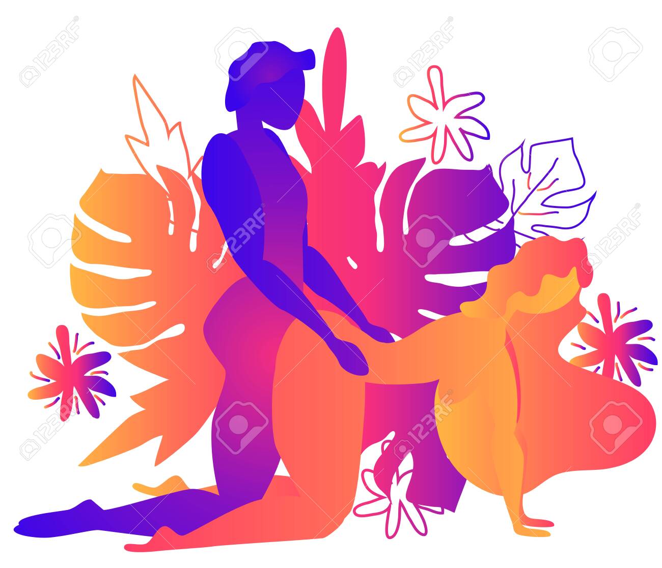 Kama Sutra, Un Hombre Y Una Mujer Tienen Relaciones Sexuales. El Arte Del  Amor. Posición Sexual Estilo Perrito Contra El Telón De Fondo De Hojas  Tropicales Monstera Y Flores. Gradientes Cálidos, Yin-Yang