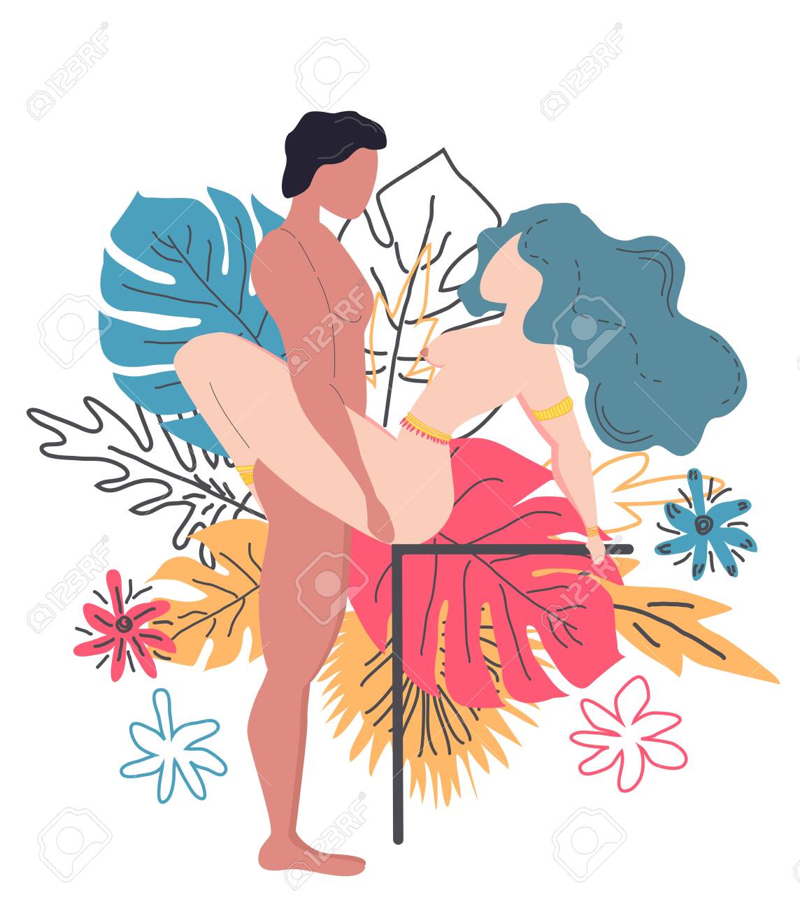 Kama Sutra, Un Hombre Y Una Mujer Tienen Relaciones Sexuales. El Arte Del  Amor. Candado De Posición Sexual. En El Contexto De Un Ramo De Hojas  Tropicales De Palmeras, Monstruos Y Flores.