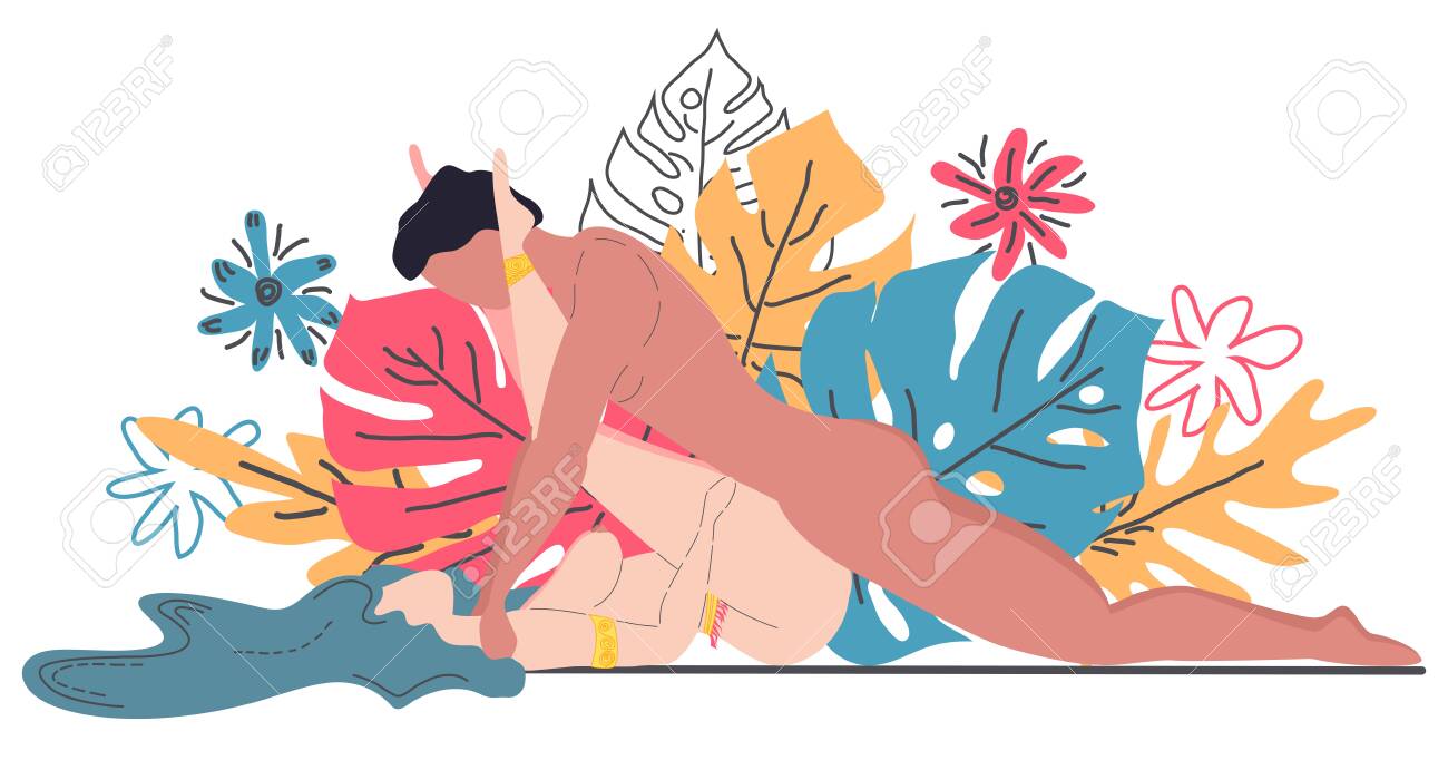 Kama Sutra, a man and a woman have sex. The art of love. Sexual position Rock n Roller. Against the background of a bouquet of tropical leaves of palm trees, monster and flowers. Scandinavian style - 126089763 Kama Sutra, a man and a woman have sex. The art of love. Sexual position Rock n Roller. Against the background of a bouquet of tropical leaves of palm trees, monster and flowers. Scandinavian style - 126089763