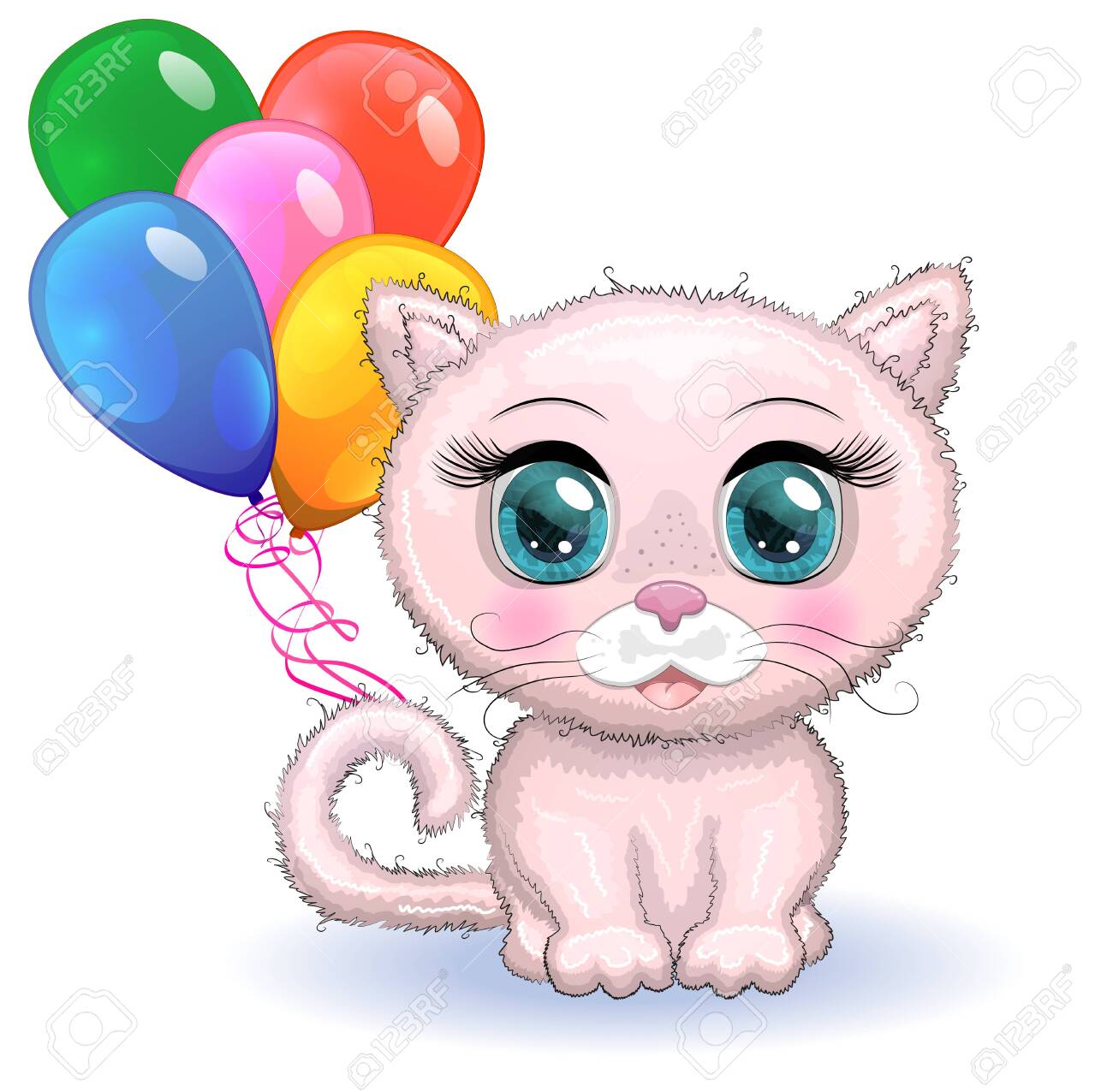 Cute Cartoon Pink Cat A Kitten On A Background Of Flowers Holds Royalty Free Cliparts Vectors And Stock Illustration Image