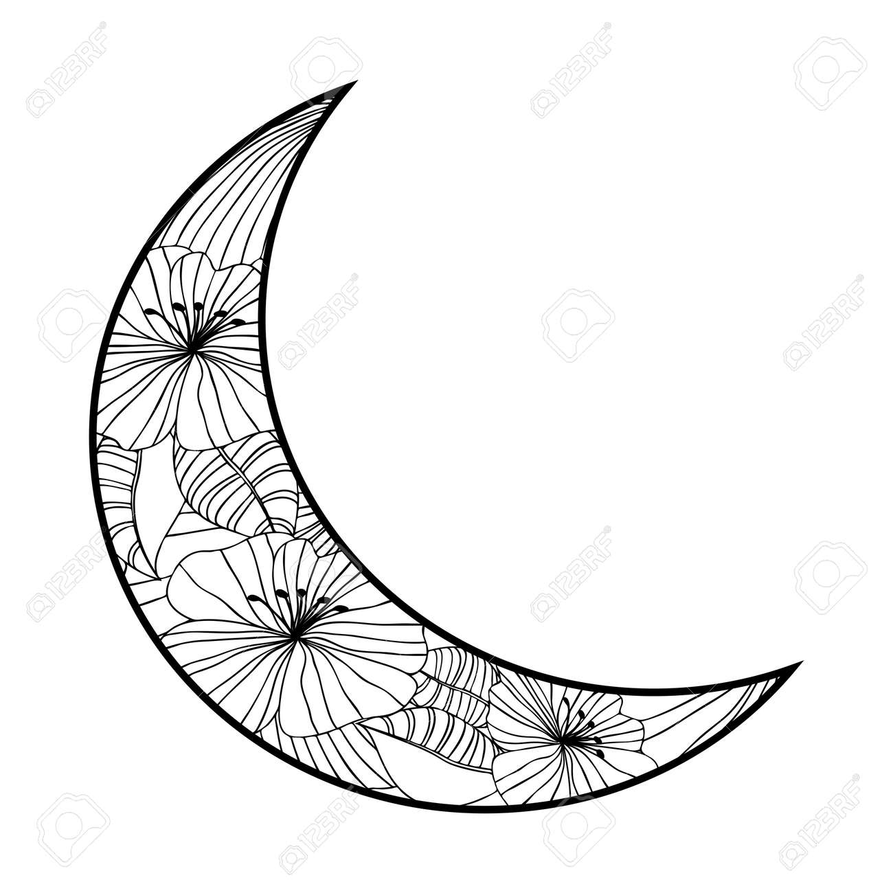 花、曼荼羅、ペイズリーと手描きの月。黒と白の花柄。月、花のイラスト  