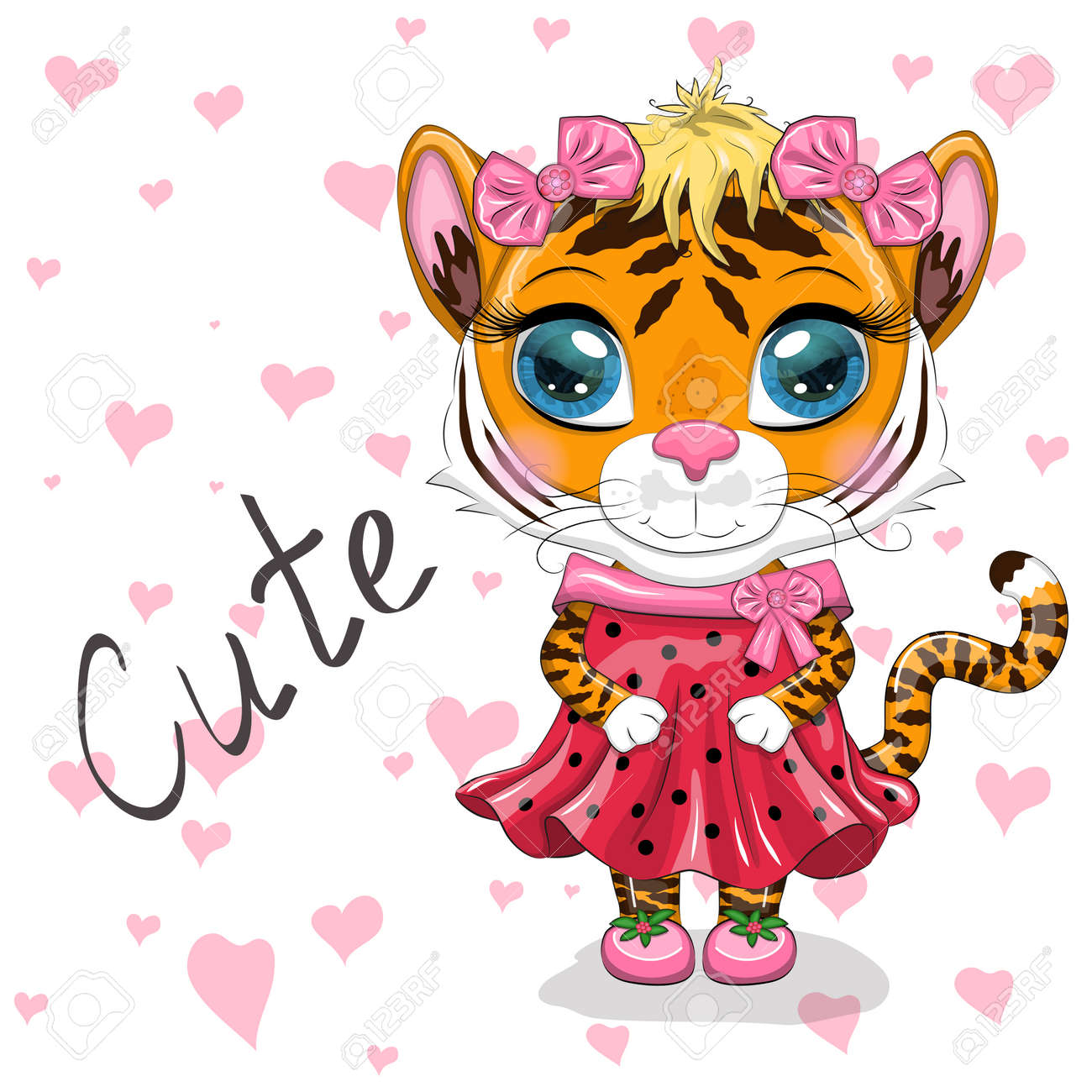 Cute cartoon tiger girl with beautiful eyes in a dress. Chinese New Year 2022, Christmas Year of the Tiger. Lunar new year 2022. - 170550046 Cute cartoon tiger girl with beautiful eyes in a dress. Chinese New Year 2022, Christmas Year of the Tiger. Lunar new year 2022. - 170550046