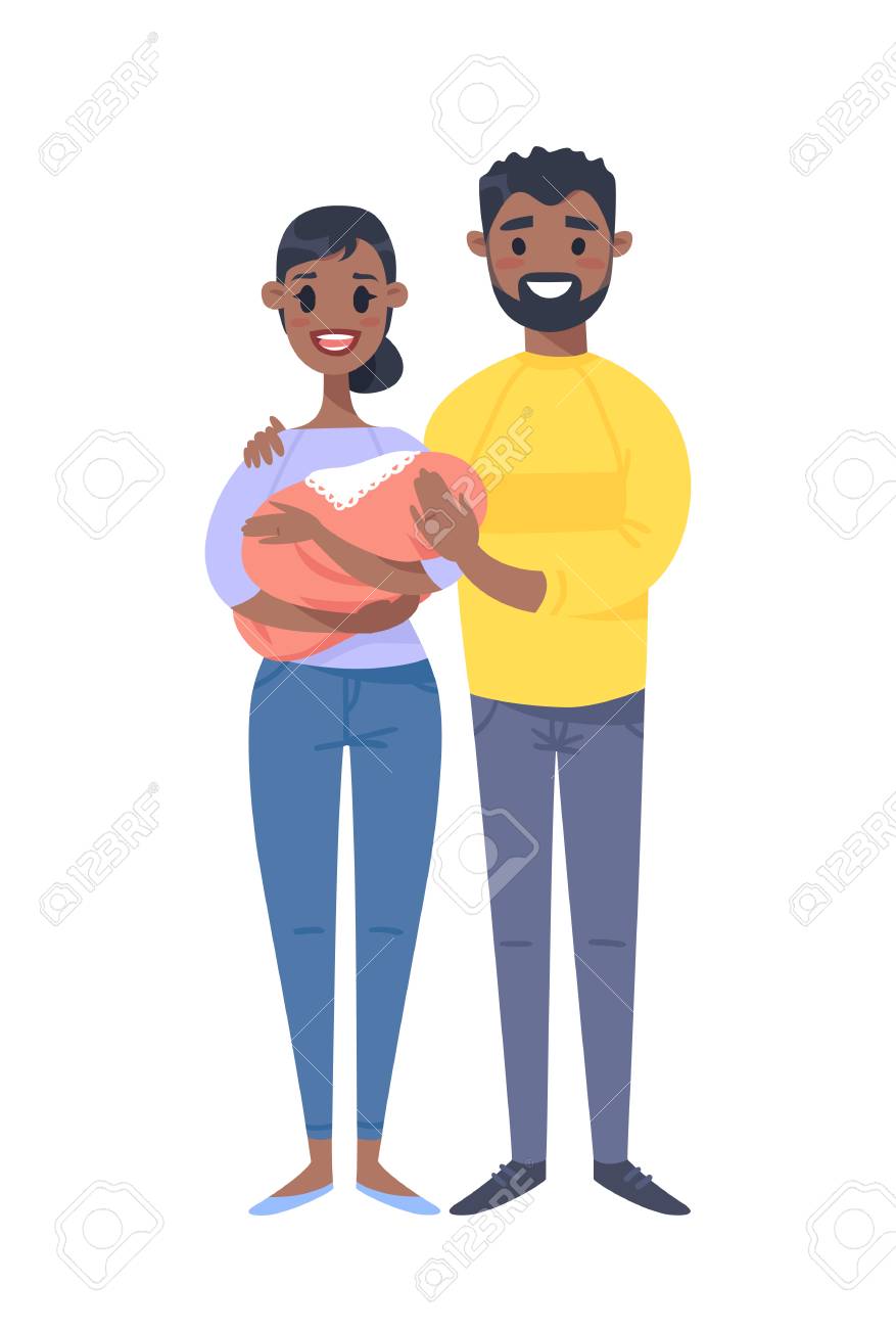Jeune Couple Noir Avec Bebe Femme Dessinee A La Main Homme Et Enfant Famille D Illustration De Style Plat Vector Personnages De Dessins Animes Clip Art Libres De Droits Vecteurs Et Illustration