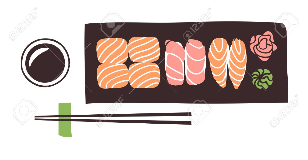 Hand drawn illustration sea food. Creative ink art work Asian dinner. Actual vector drawing sushi roll - 128487138 Hand drawn illustration sea food. Creative ink art work Asian dinner. Actual vector drawing sushi roll - 128487138