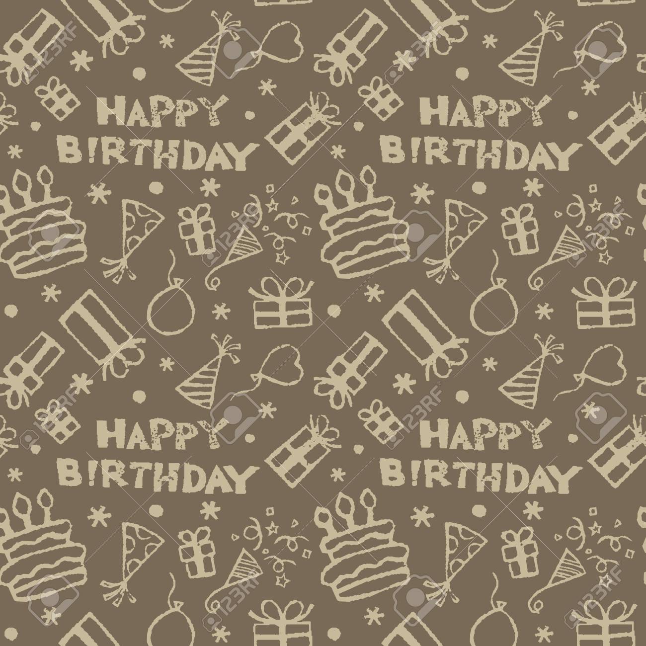 誕生日プレゼント ケーキ 三角帽子 クラッカー 気球と星を持つパターン のイラスト素材 ベクタ Image