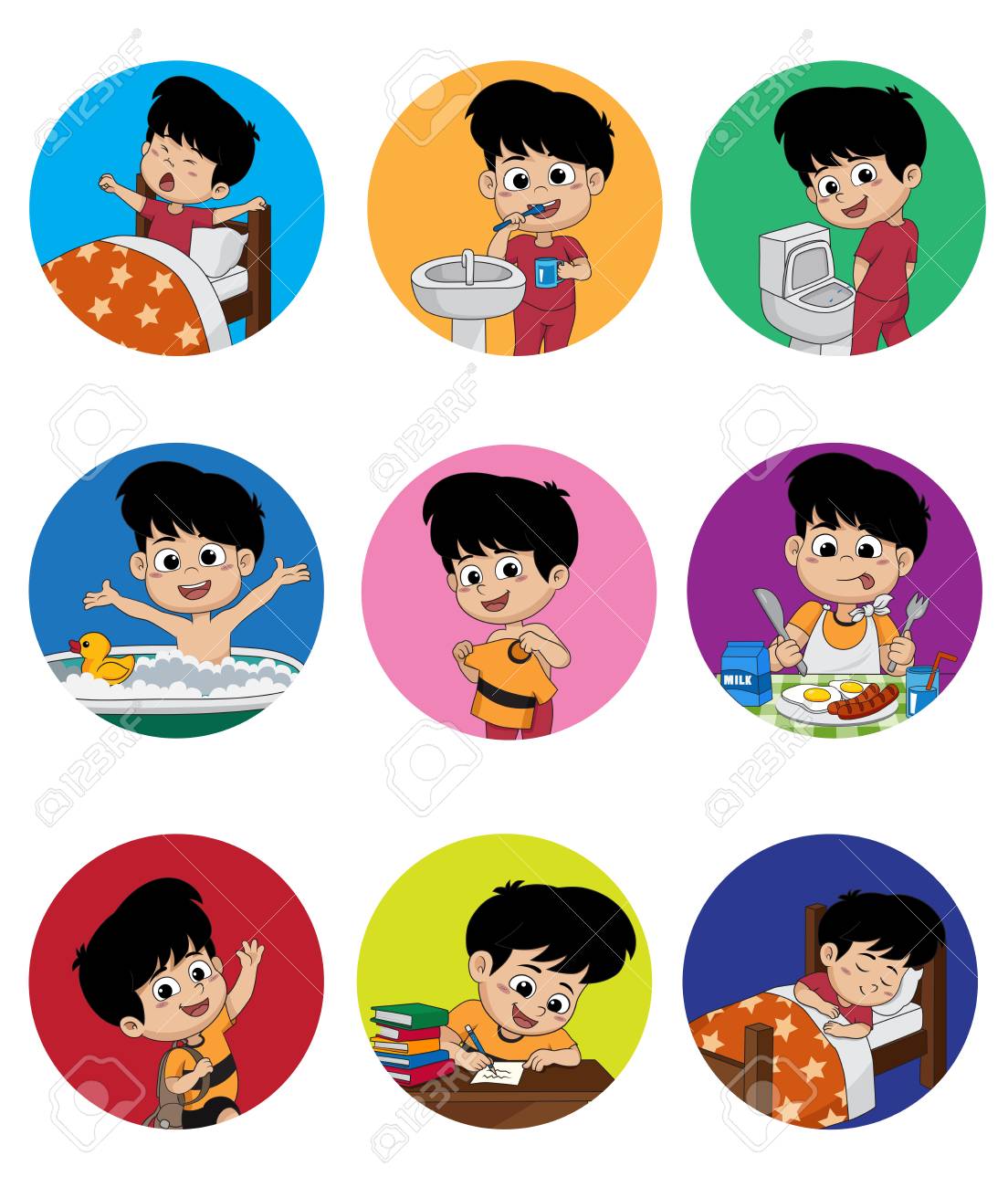毎日かわいい男の子のセット 少年が目を覚ます 歯を磨く 子供のおしっこ 風呂に入って 服を着せ 朝食 Sleep Vector とイラストの学習 子供の子供します のイラスト素材 ベクタ Image 毎日かわいい男の子のセット 少年が目を覚ます 歯を磨く 子供のおしっこ 風呂に入って 服を着せ 朝食 Sleep Vector とイラストの学習 子供の子供します のイラスト素材 ベクタ Image