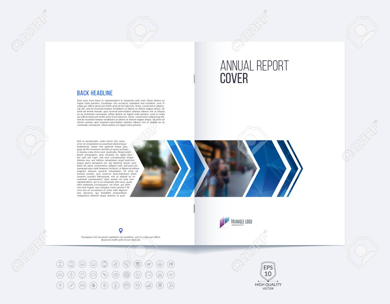 Brochure template layout, cover design annual report, magazine, flyer or booklet in A4 with blue dynamic arrows and geometric shapes on polygonal background. Vector Illustration. - 54499815 Brochure template layout, cover design annual report, magazine, flyer or booklet in A4 with blue dynamic arrows and geometric shapes on polygonal background. Vector Illustration. - 54499815