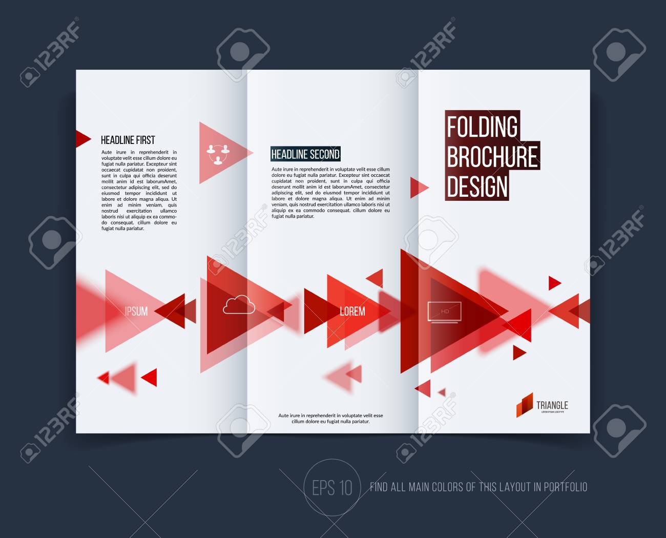Vector abstract brochure flyer design, business cover template layout, report, magazine or booklet in A4 with red moving triangular geometric shapes on white background. - 54504094 Vector abstract brochure flyer design, business cover template layout, report, magazine or booklet in A4 with red moving triangular geometric shapes on white background. - 54504094