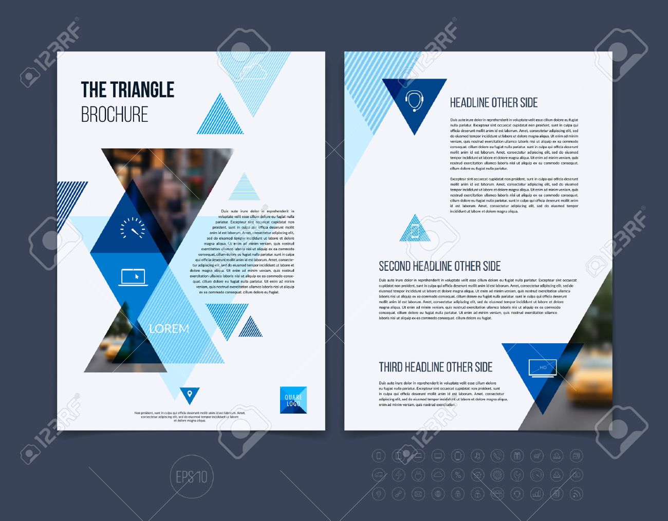 Brochure template layout, cover design annual report, magazine, flyer or booklet in A4 with blue dynamic triangular geometric shapes on white background. Vector Illustration. - 54505007 Brochure template layout, cover design annual report, magazine, flyer or booklet in A4 with blue dynamic triangular geometric shapes on white background. Vector Illustration. - 54505007
