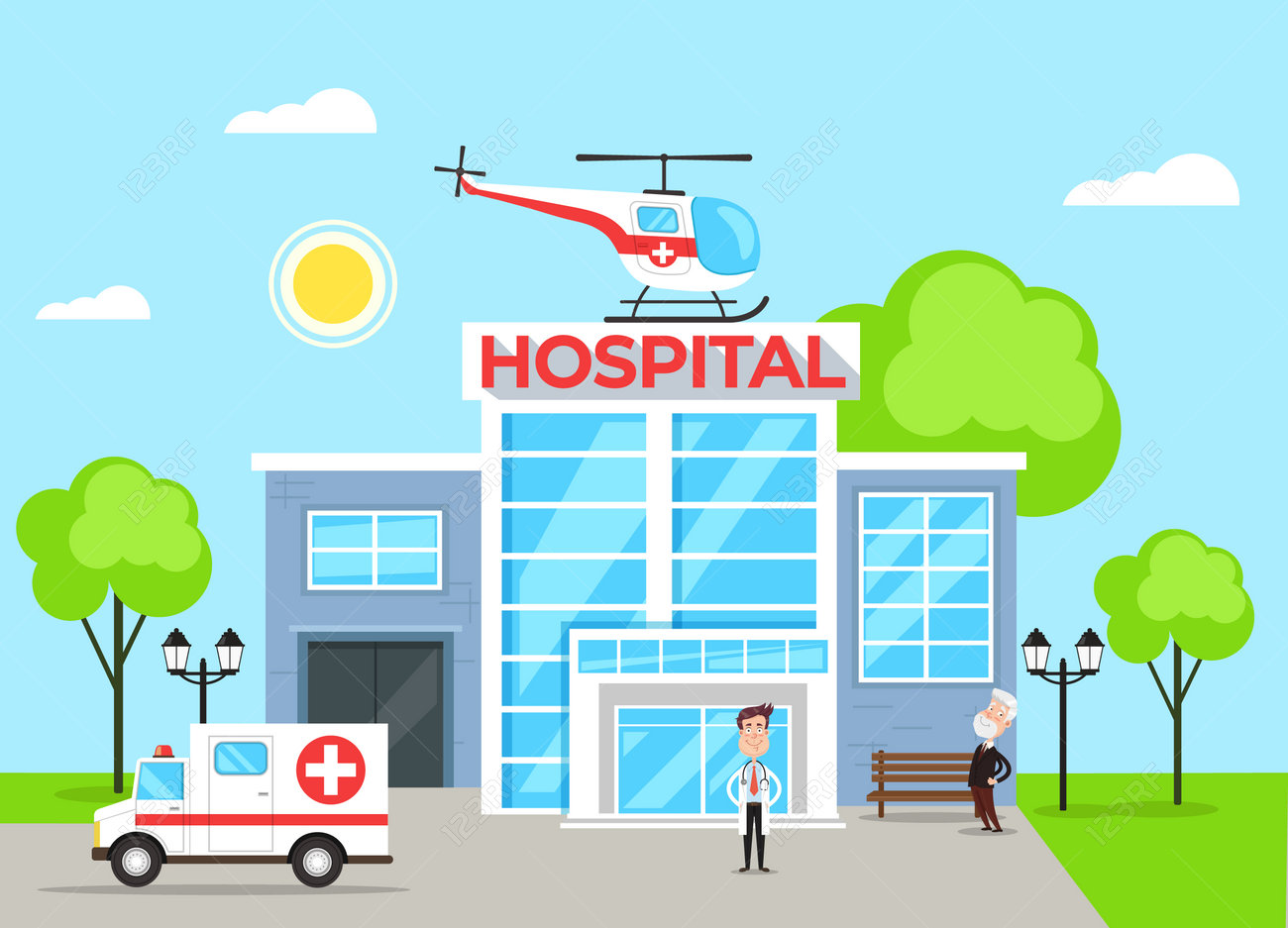 Hospital Building Concept With Doctor Character. Vector Flat Cartoon  Illustration Royalty Free SVG, Cliparts, Vectors, and Stock Illustration.  Image 96716326., image size:1300x937