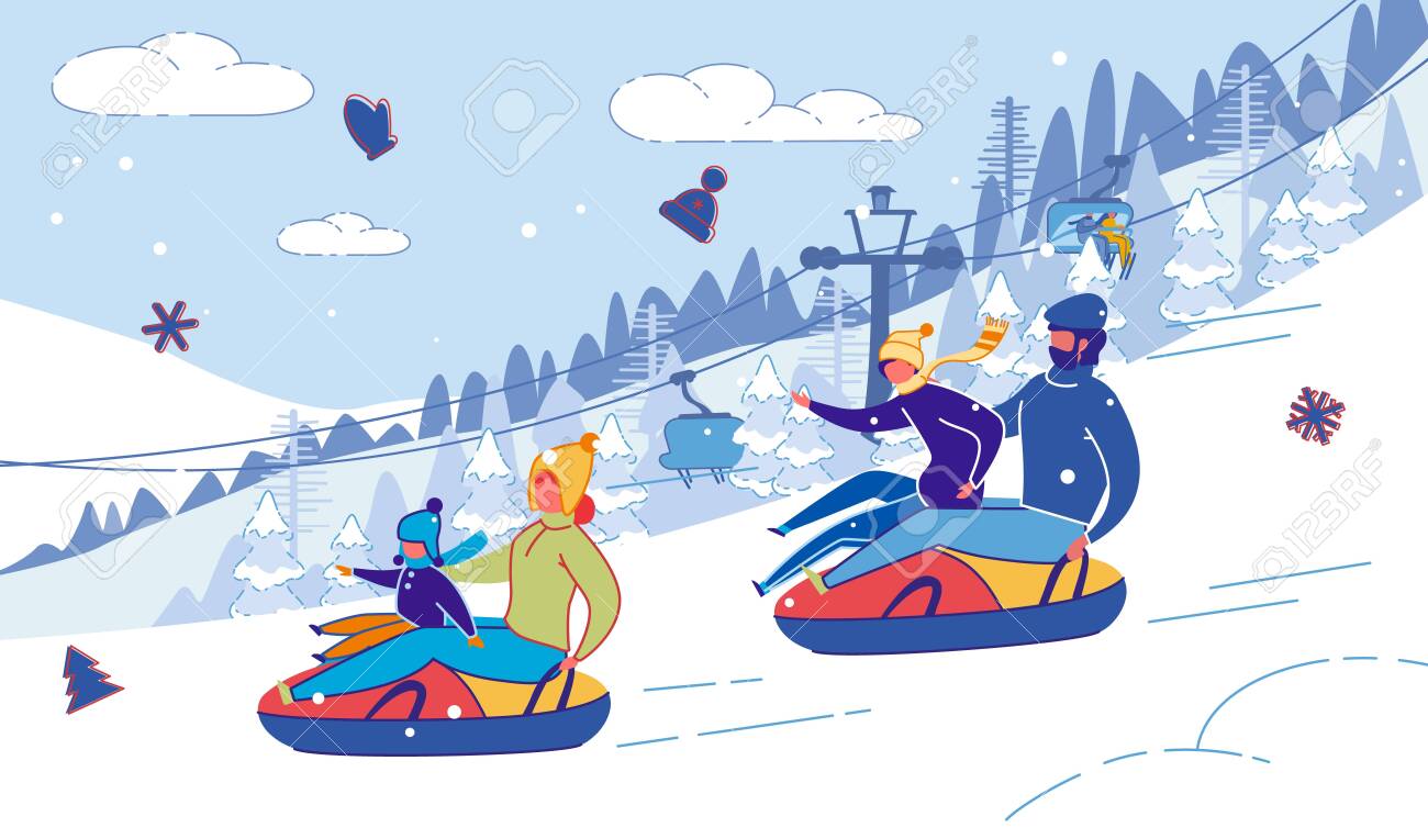 Family with Children Sliding Down Hill on Tubing. - 136075490 Family with Children Sliding Down Hill on Tubing. - 136075490