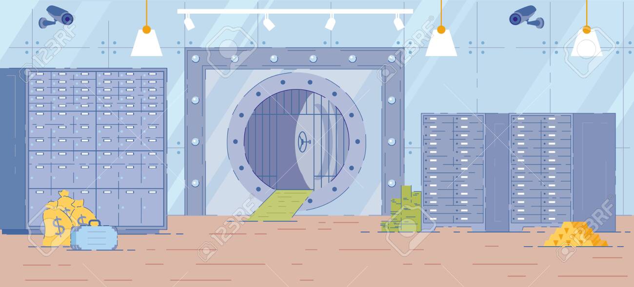 Bank Vault Room Interior Background With Metal Safe Door And Racks