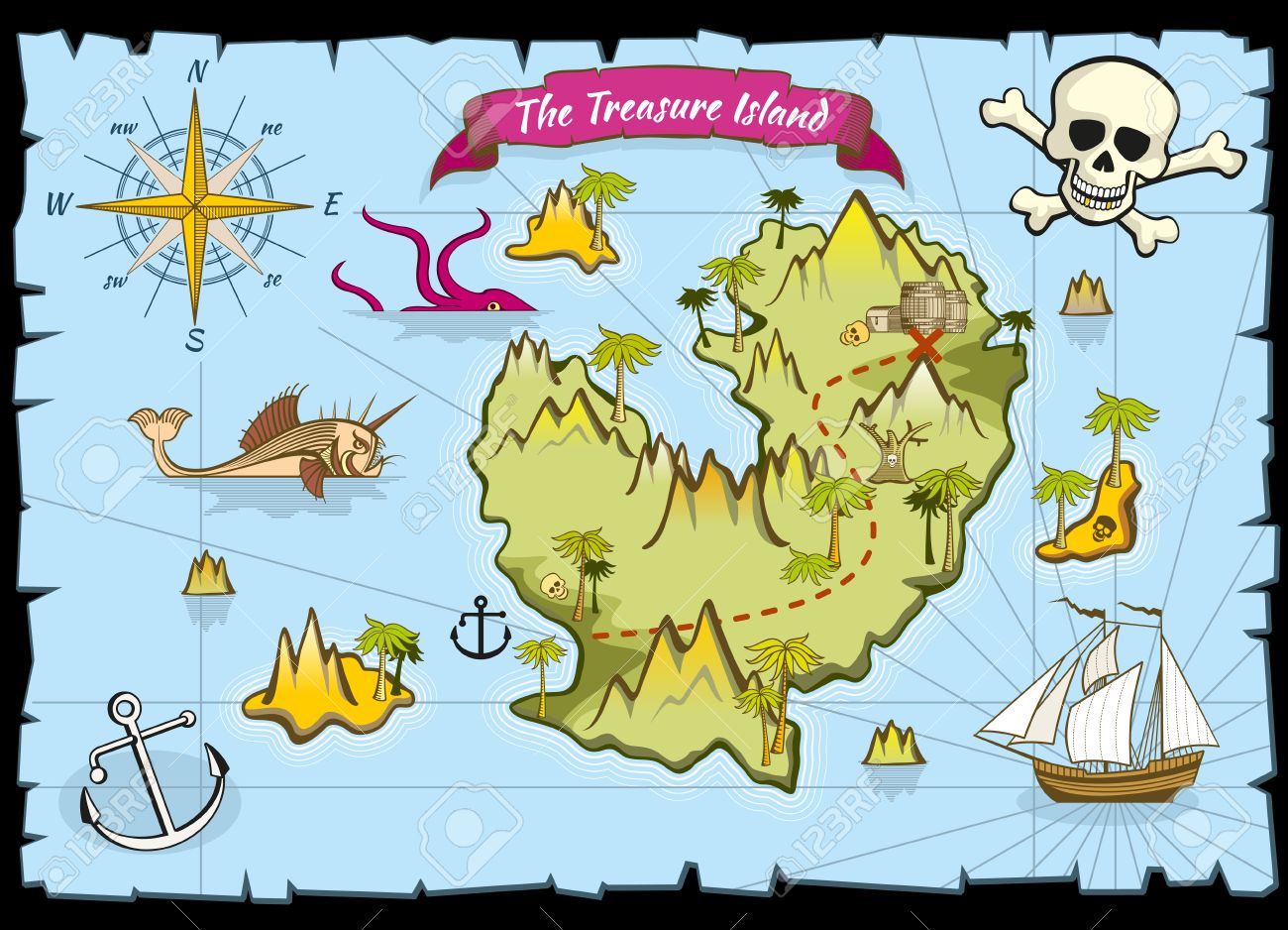 Vector Pirate Treasure Color Map Pirate Map And Adventure Sea Explore Map With Treasure Illustration Royalty Free Cliparts Vectors And Stock Illustration Image