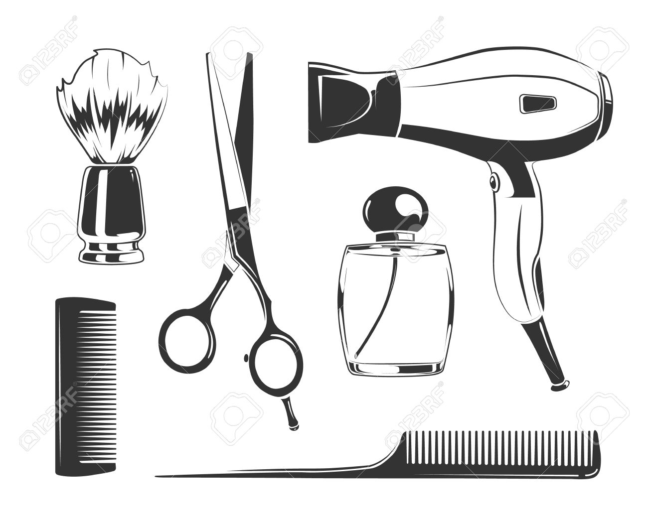 Vector Elements Noirs Pour Les Etiquettes De Salon De Coiffure Peigne Et Ciseaux Seche Cheveux Et Rasage Silhouettes Vecteur De Brosse Clip Art Libres De Droits Vecteurs Et Illustration Image 57185696