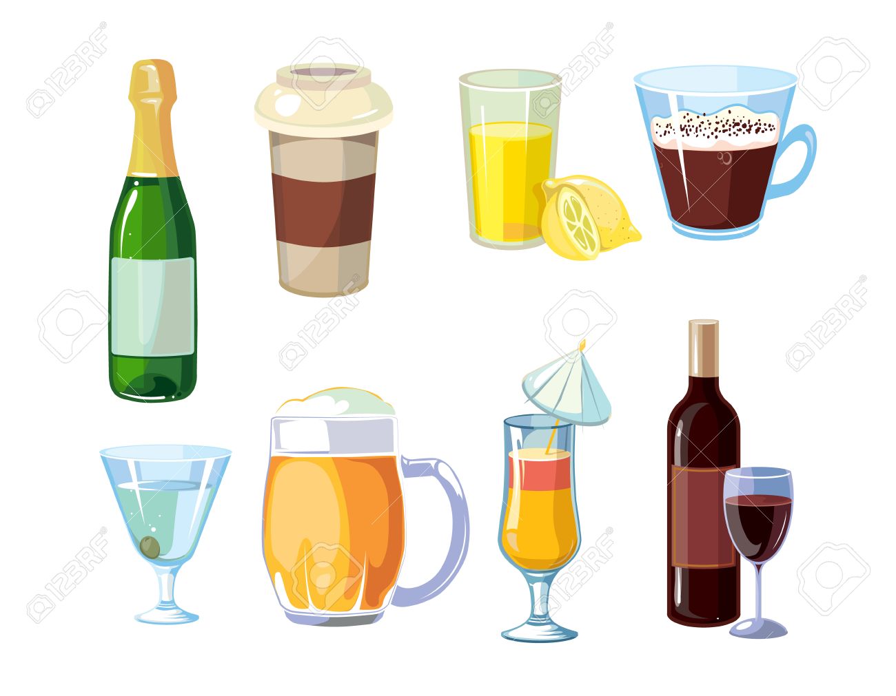 Alkoholische Und Alkoholfreie Getranke Verschiedene Getranke Mit Flaschen Und Glaser Lizenzfrei Nutzbare Vektorgrafiken Clip Arts Illustrationen Image 59253647