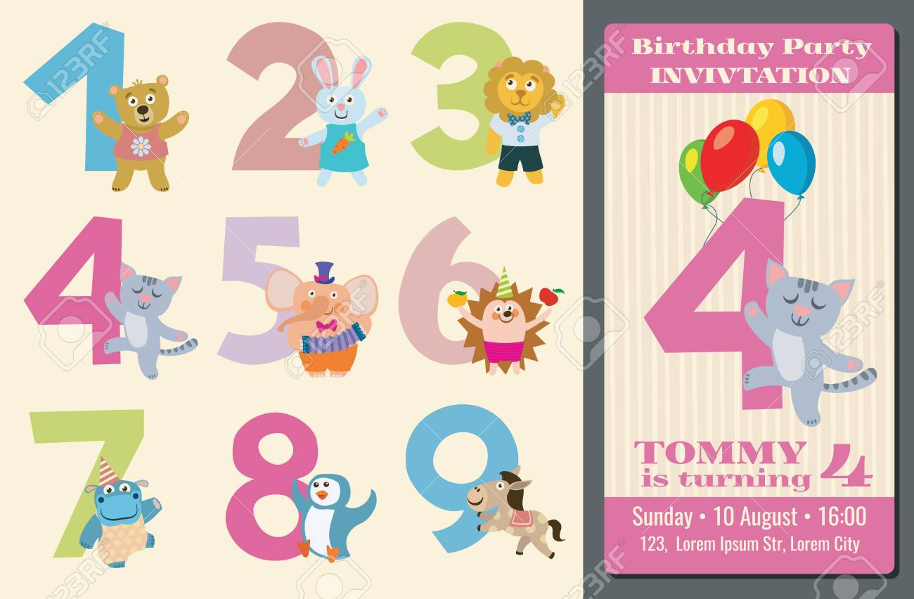 kids birthday anniversary numbers with cartoon animals and birthday kids birthday party invites