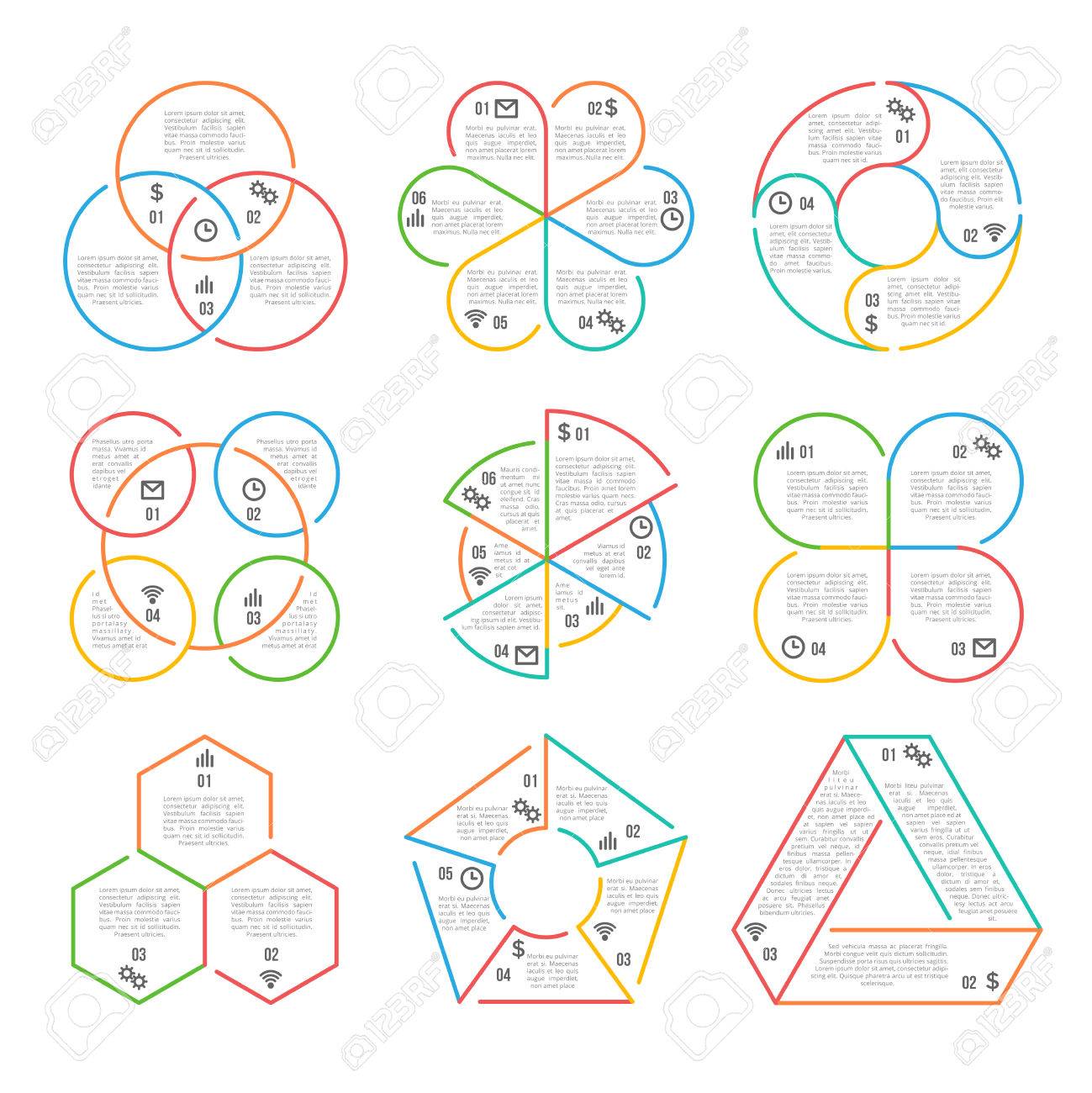 ベクター線の円 三角形 六角形 五角形のビジネス Infographics チャート グラフ設定 3 4 5 図 6 のオプション 部品の手順を実行します ビジネスのインフォ グラフィックを線形図 のイラスト素材 ベクタ Image