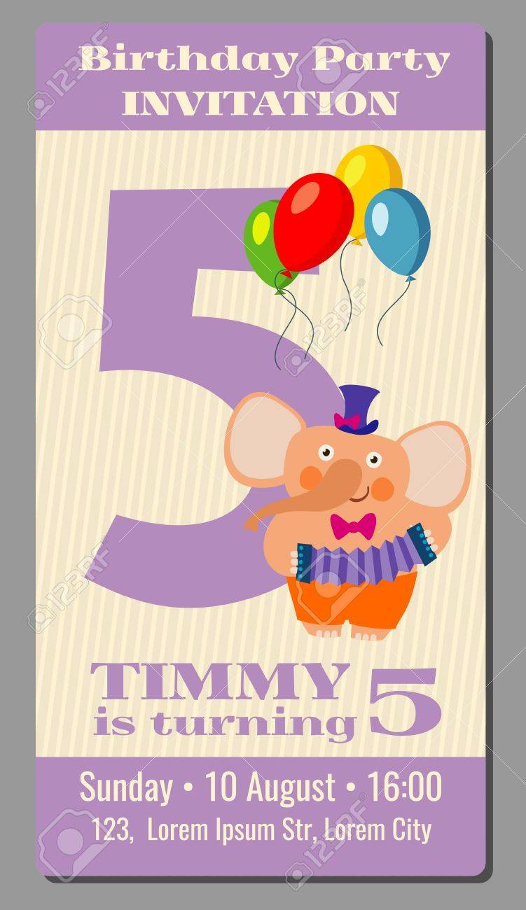 Carte De Vecteur Belle Joyeux Anniversaire Avec Elephant Drole 5 Ans Carte Rectangulaire Festive Avec Illustration Animale De Dessin Anime Clip Art Libres De Droits Vecteurs Et Illustration Image