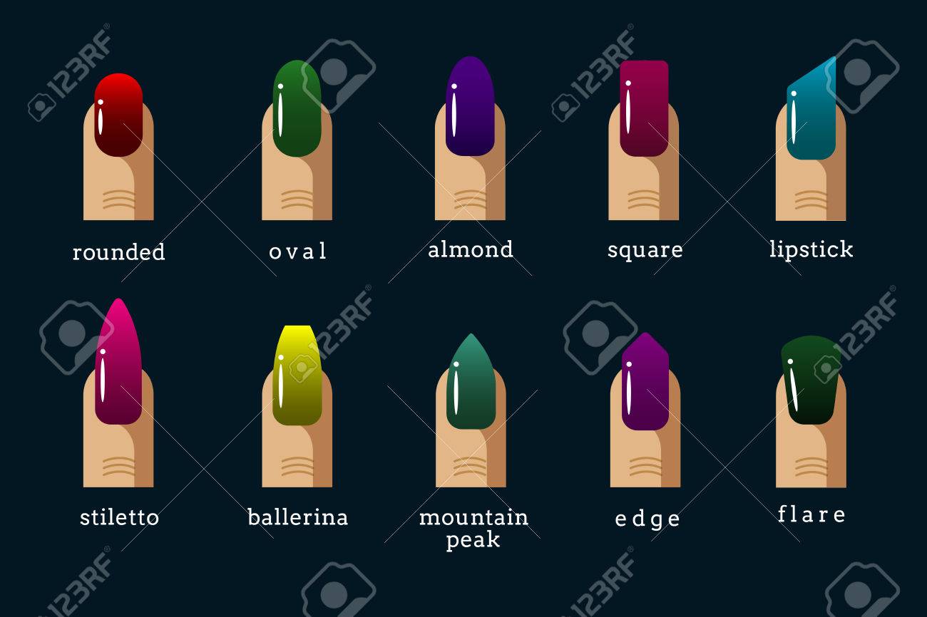 種類の爪の形や爪のポーランド語のアイコンを色します 丸みを帯びた 楕円形 アーモンド 正方形 ベクトル イラスト のイラスト素材 ベクタ Image