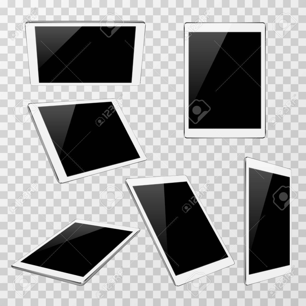 透明な背景にチェック柄に分離されたビューの異なる角度で白いベクトル タブレット 現代の携帯ガジェットの図のセットのイラスト素材 ベクタ Image