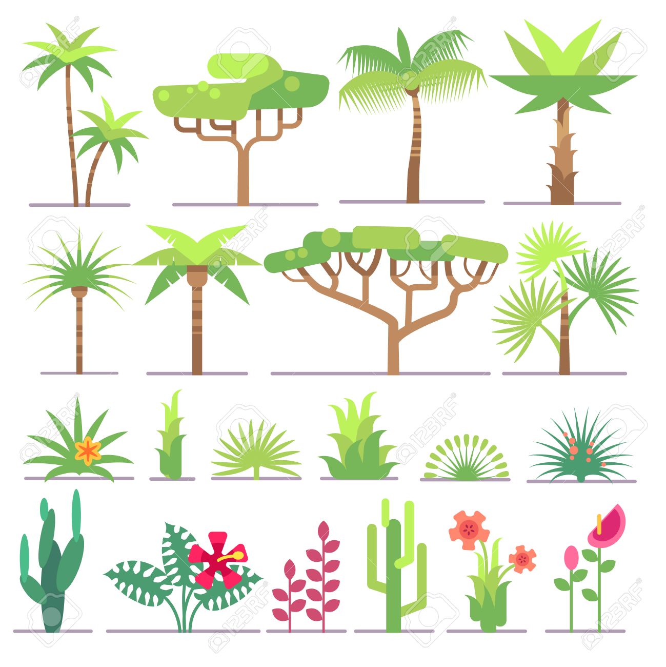 さまざまな種類の熱帯植物 木 花フラット ベクトル コレクション 花とエキゾチックなヤシの図 のイラスト素材 ベクタ Image