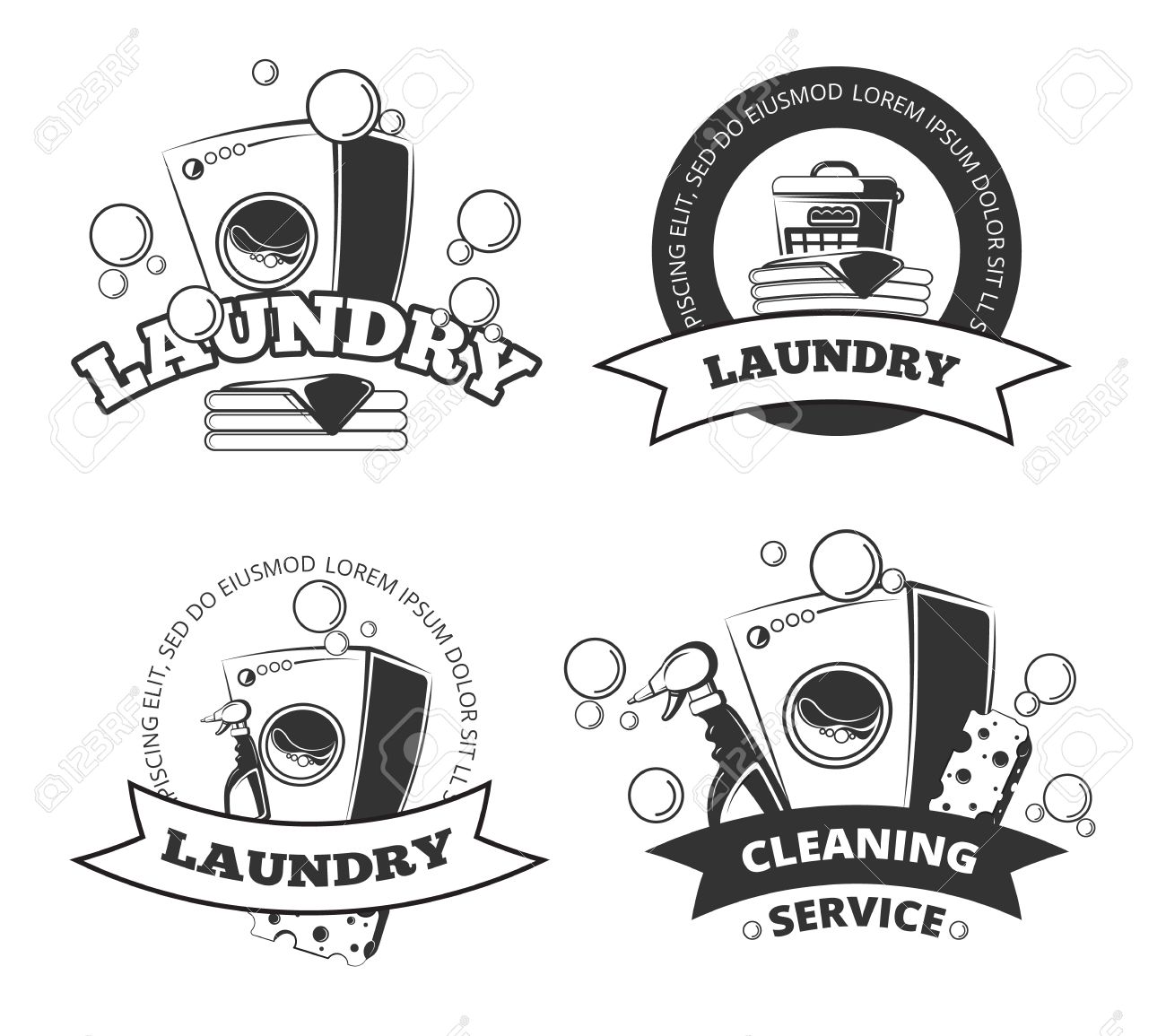 Vintage Laundry Service Dry Clean Vector Labels Emblems Logos