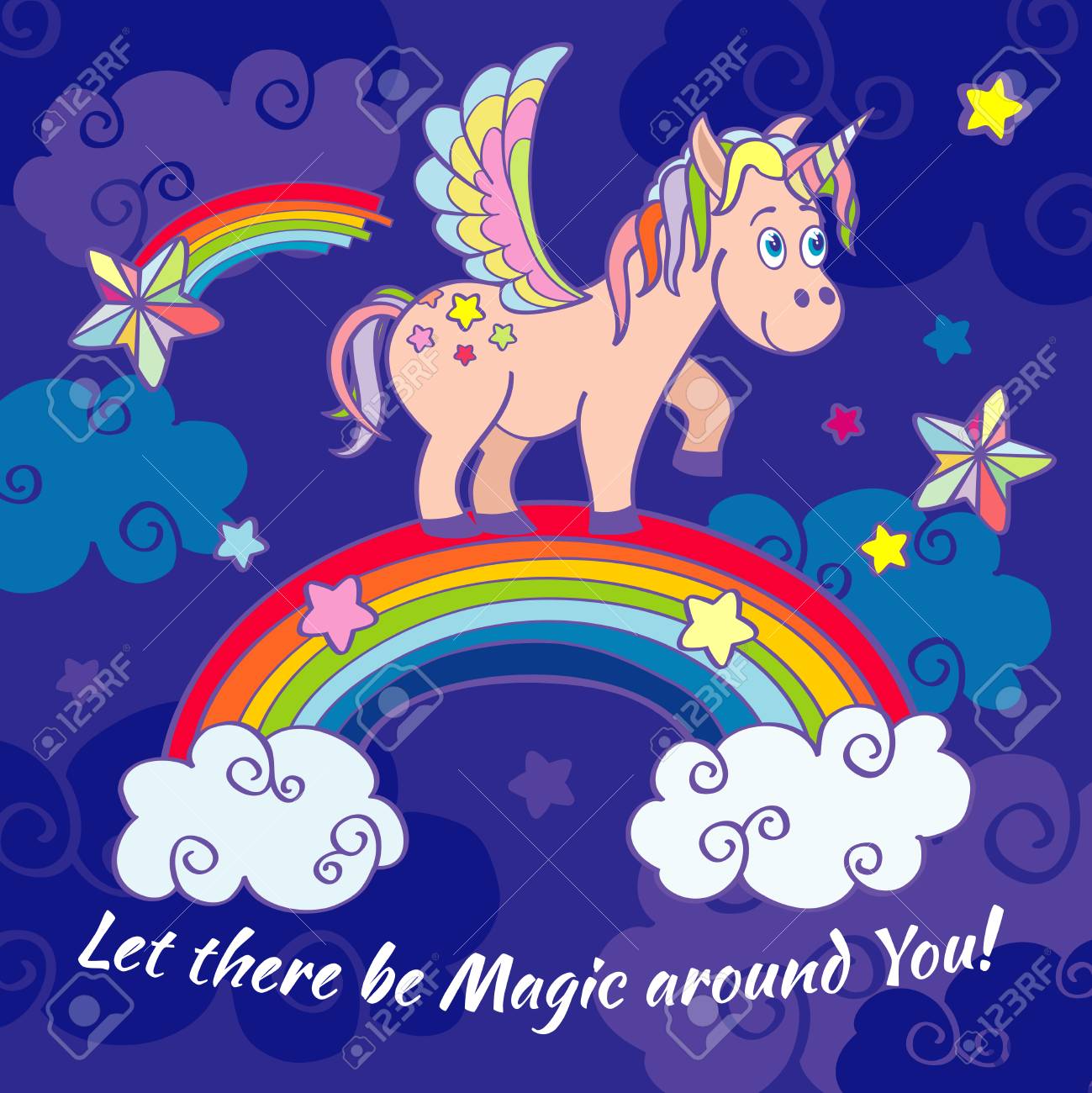 Cute Unicorn And Rainbow Fairy Vector Background, Poster, Greeting