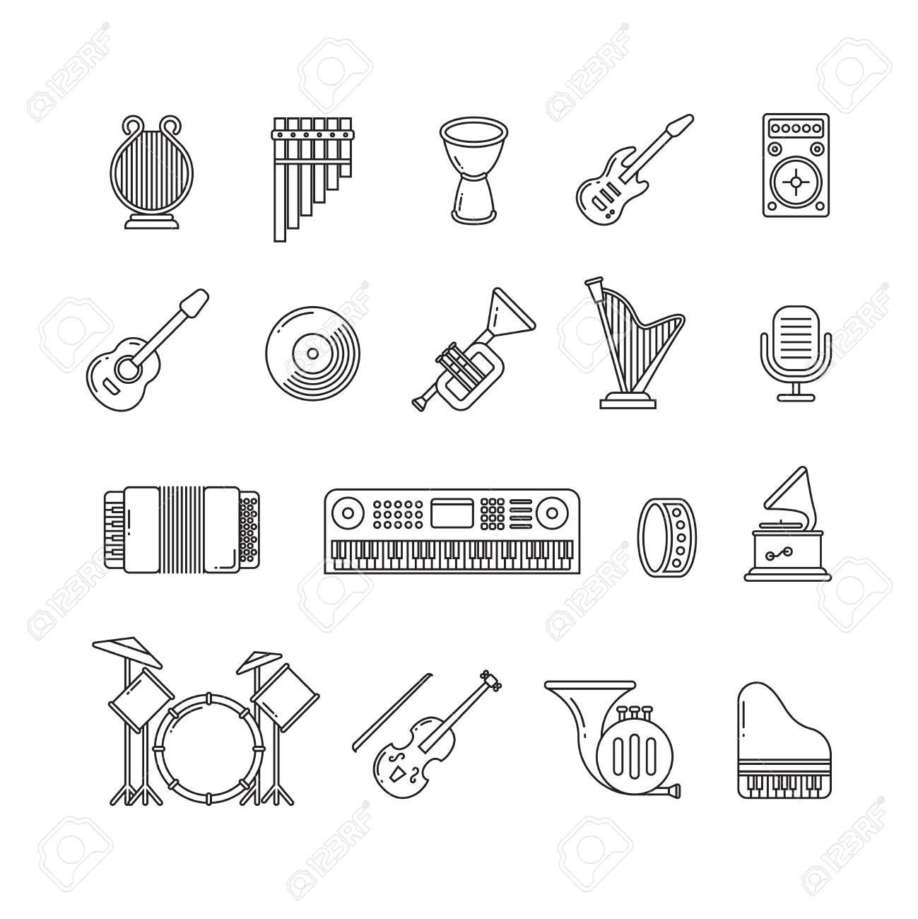 音楽コンサートの器械は薄い線ベクトルのアイコンです 楽器ギター ピアノとバイオリン クラシック楽器のイラストのセット のイラスト素材 ベクタ Image
