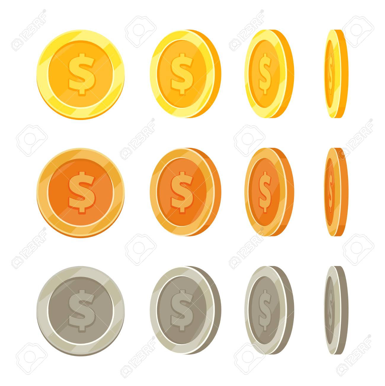 異なる位置 ゴールド コインで漫画黄金硬貨フリップ ベクトルを設定 金と銀のコインの分離 アニメーション ブロンズ コインのイラスト の写真素材 画像素材 Image