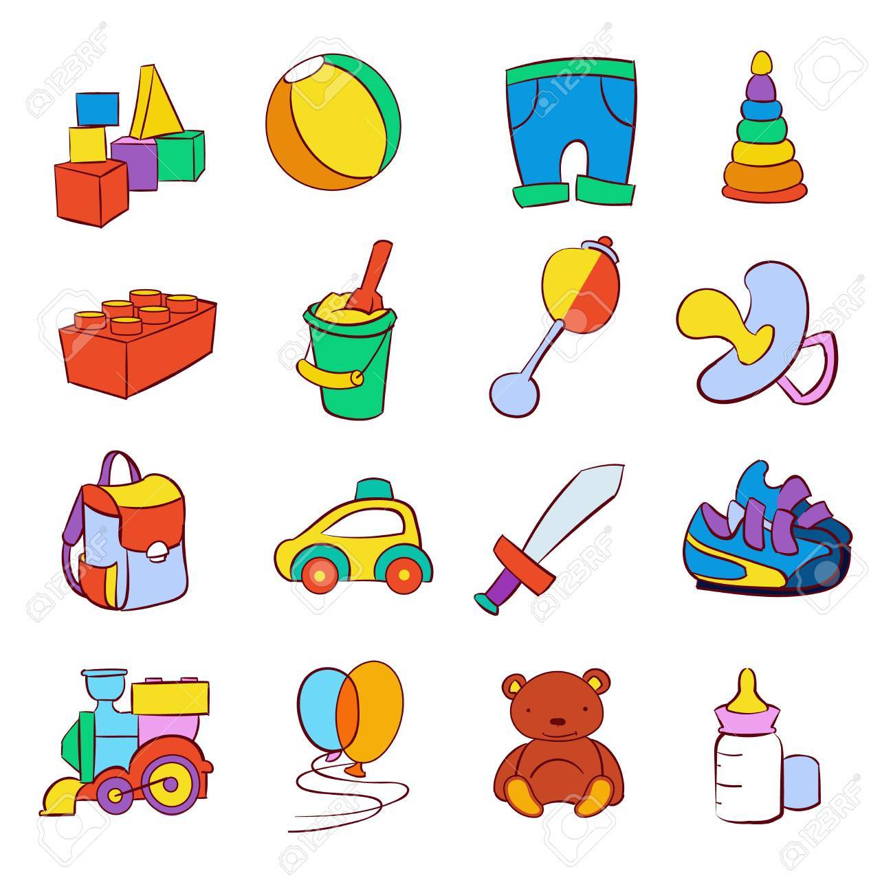 Hand Drawn Cartoon Baby Toys Vector Set Childish Toy Car And Pyramid Illustration Of Pinwheel And Locomotive For Childish Play Game Royalty Free Cliparts Vectors And Stock Illustration Image