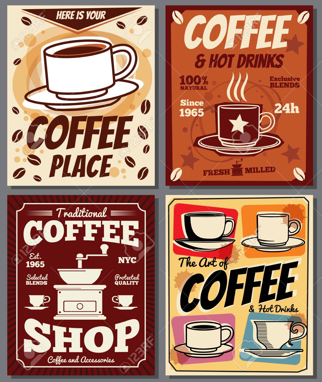 カフェとレストランのレトロなポスターは コーヒーの染みとテンプレートをベクトルします コーヒー ショップ バナー メニュー ビンテージ ポスター カフェテリア コーヒーのイラストのイラスト素材 ベクタ Image