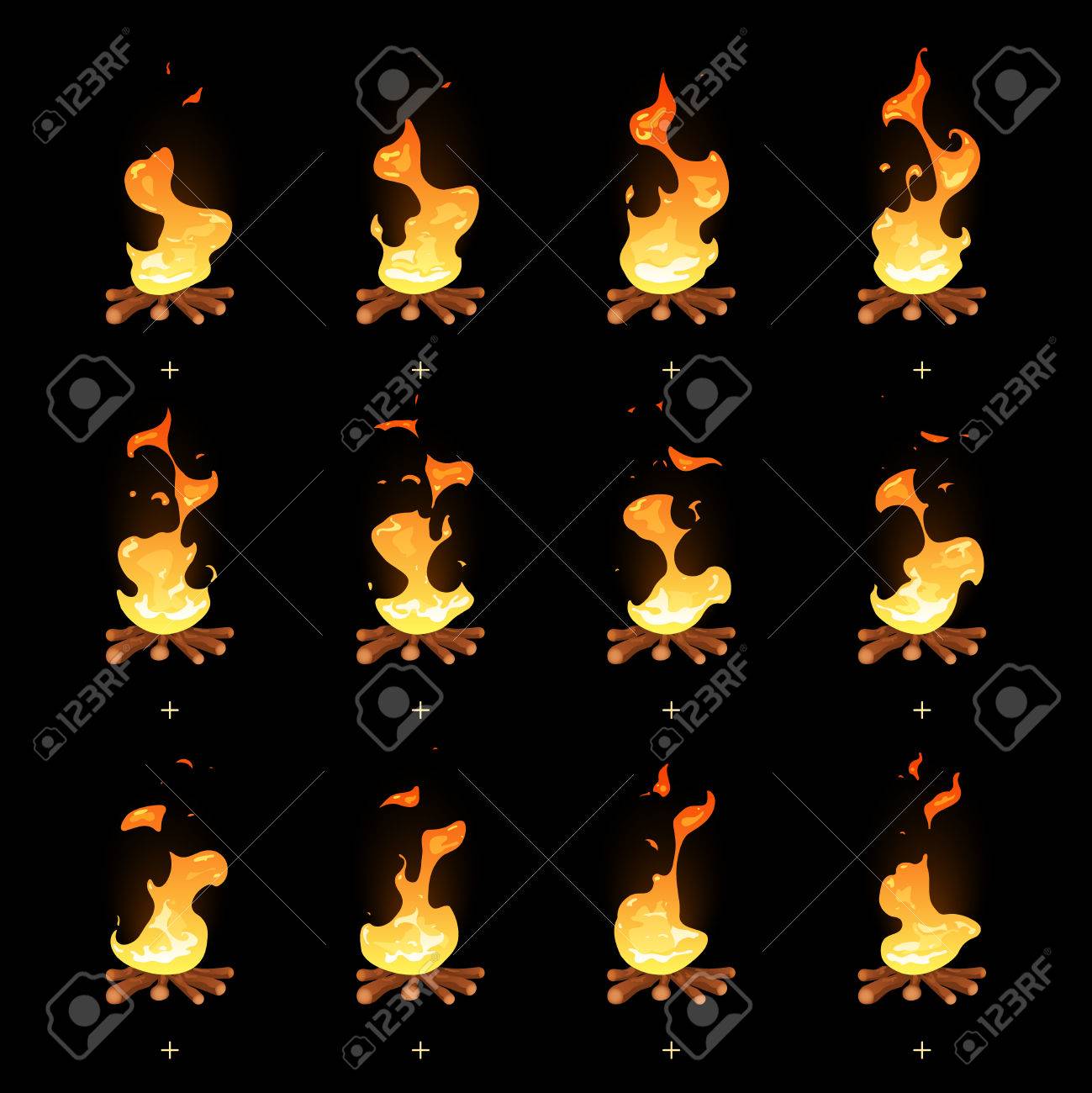 漫画のベクトルのたき火は炎のスプライトをアニメーションです 火災燃焼キャンプファイヤー Ui アニメーション イラスト のイラスト素材 ベクタ Image