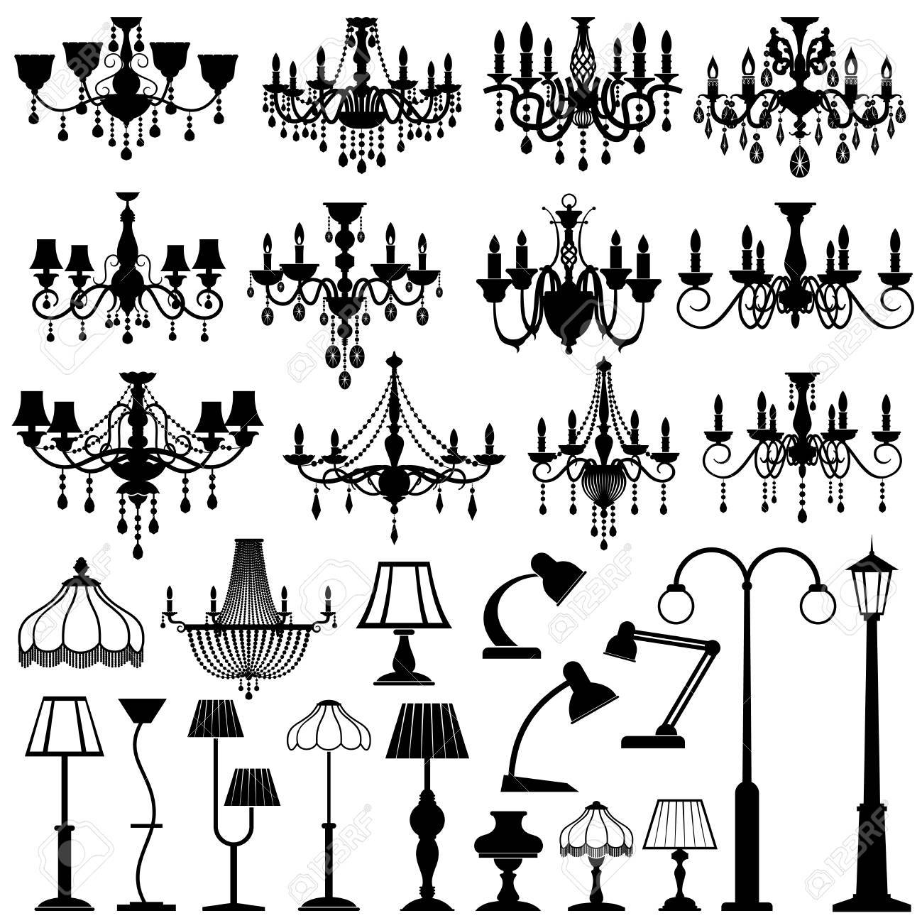 Home and outdoor lightning, lamps and chandeliers vector set. Black silhouette lamp chandelier and table lamp illustration - 78451375 Home and outdoor lightning, lamps and chandeliers vector set. Black silhouette lamp chandelier and table lamp illustration - 78451375