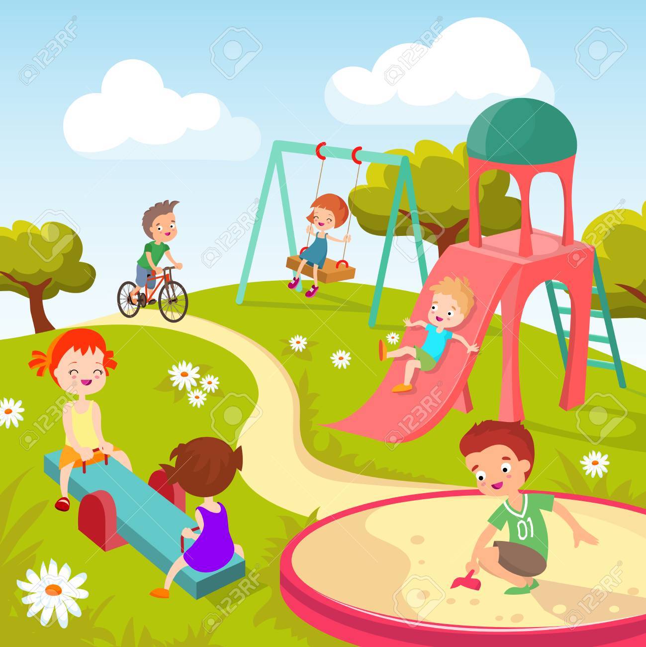 cute children at playground happy children playing in summer child play cartoon