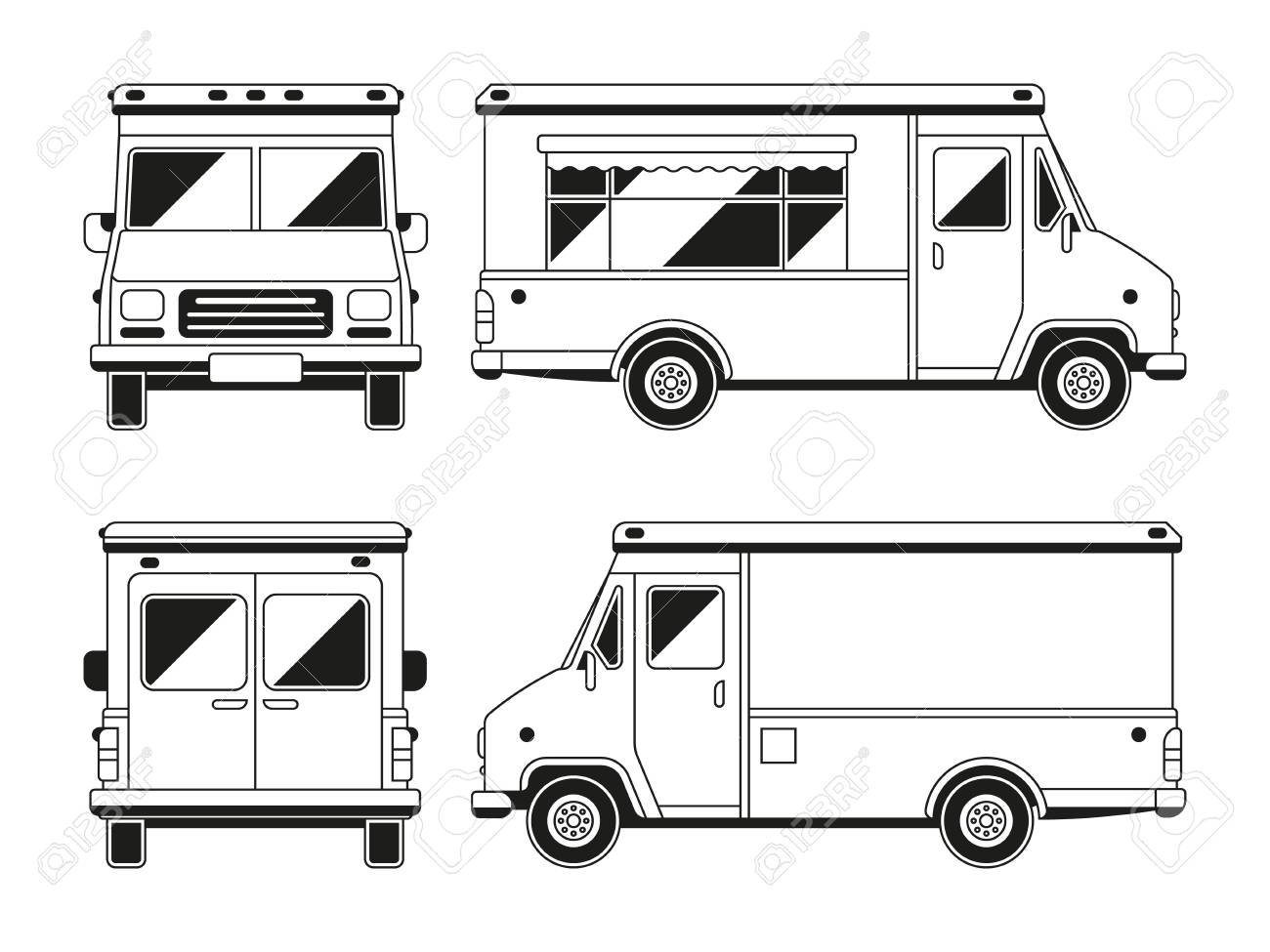 blank commercial food truck in different points of view outline