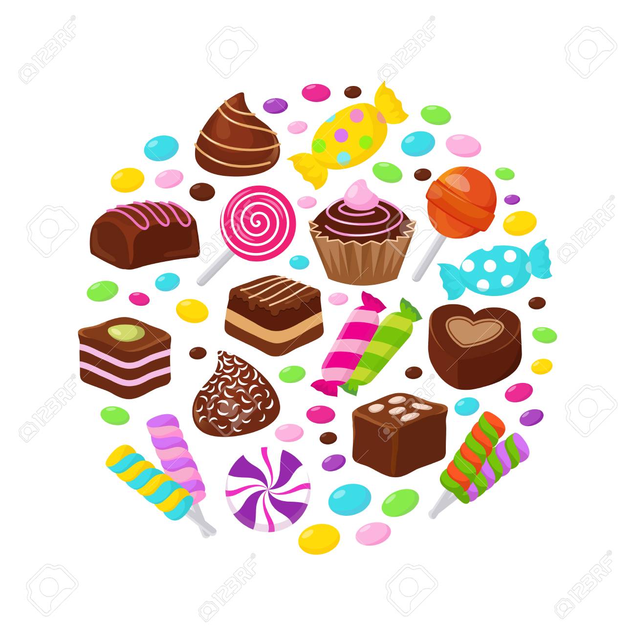 カラフルな果物のキャンディーやチョコレートのお菓子はフラット サークル デザインのアイコンです 甘いスナック菓子チョコレート 甘いおいしいキャラメル ロリポップのイラスト のイラスト素材 ベクタ Image カラフルな果物のキャンディーやチョコレートのお菓子はフラット サークル デザインのアイコンです 甘いスナック菓子チョコレート 甘いおいしいキャラメル ロリポップのイラスト のイラスト素材 ベクタ Image