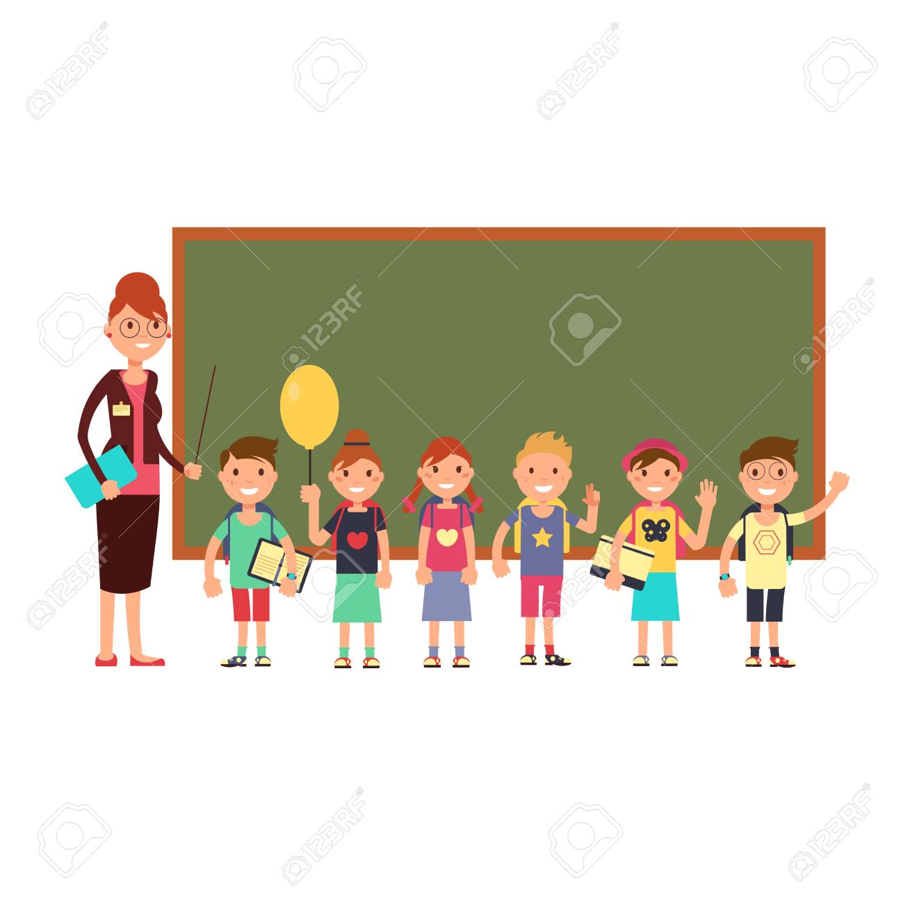 happy teacher with kids in school teaching children vector kids in school cartoon