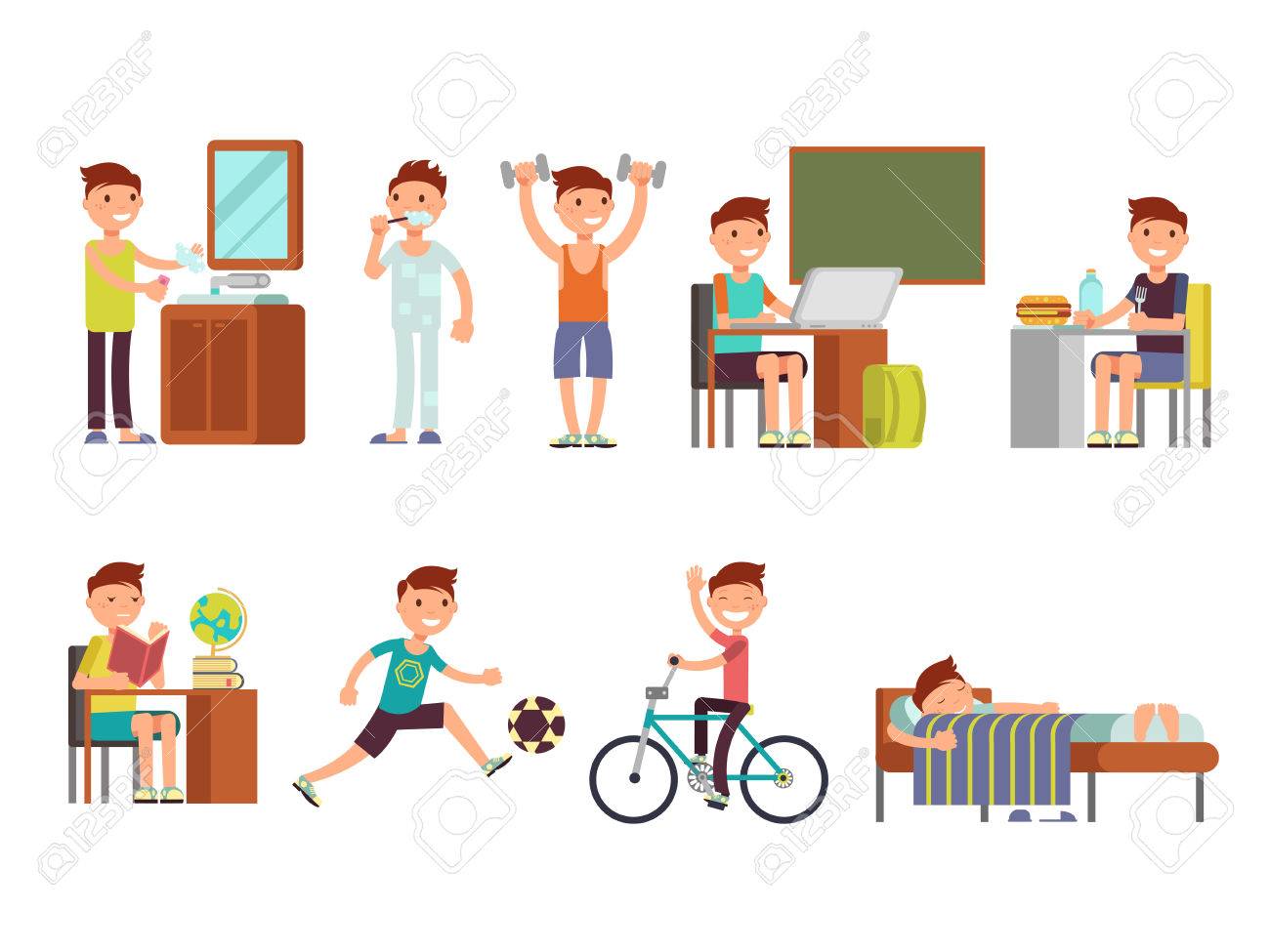 child boy daily routine vector set routine school boy illustration