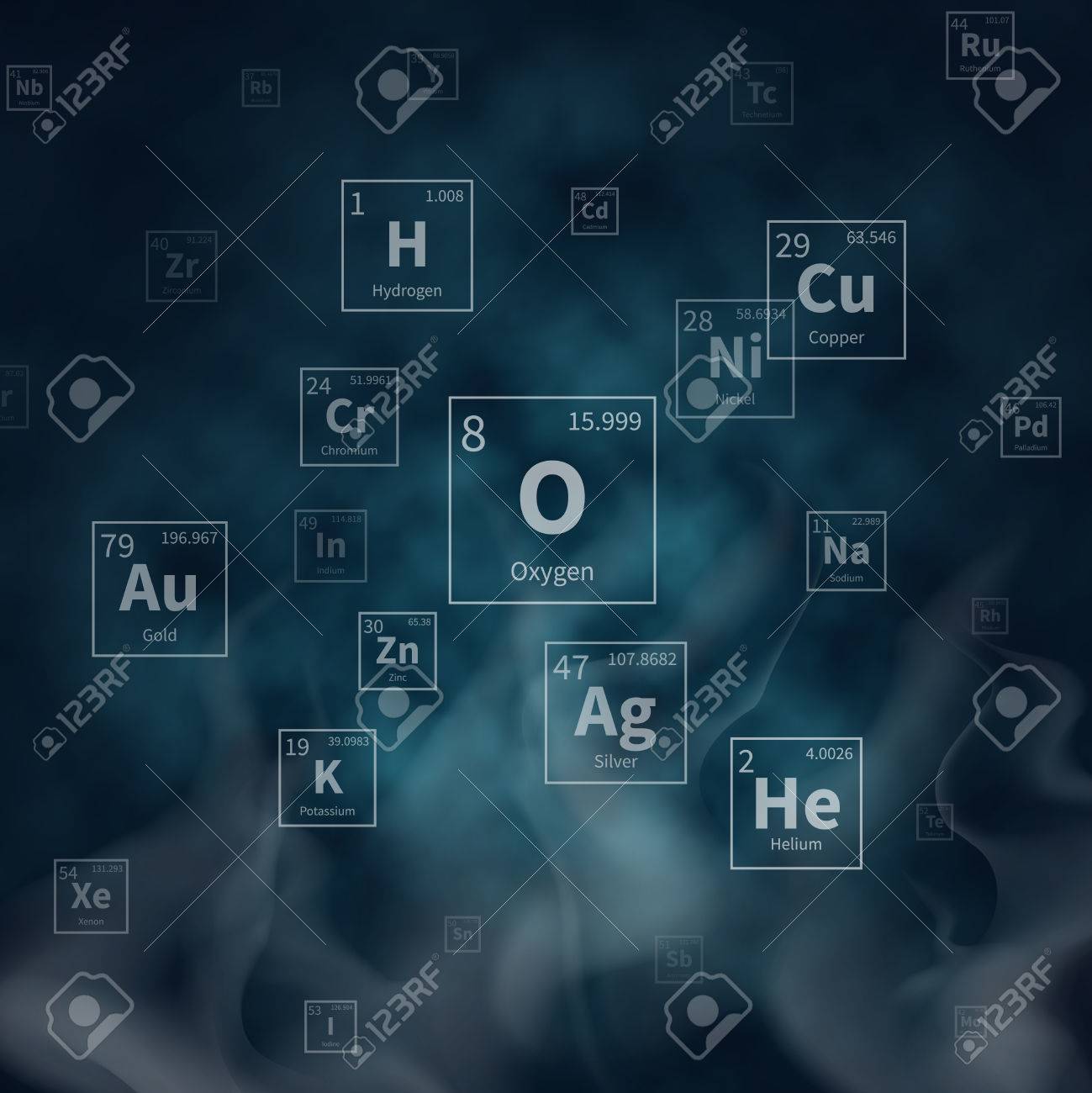 元素記号と白い煙の科学的なベクトルの背景 科学化学分子原子ヘリウムや銅 酸素 水素 金と銀のイラスト のイラスト素材 ベクタ Image