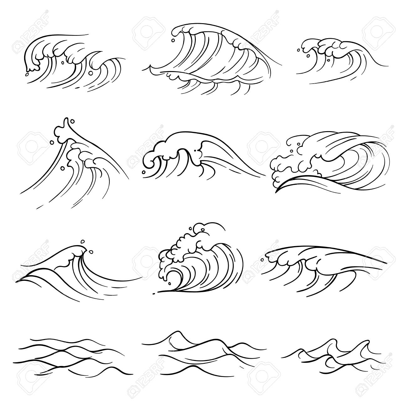 hand drawn ocean waves vector set sea storm wave isolated nature nature of waves