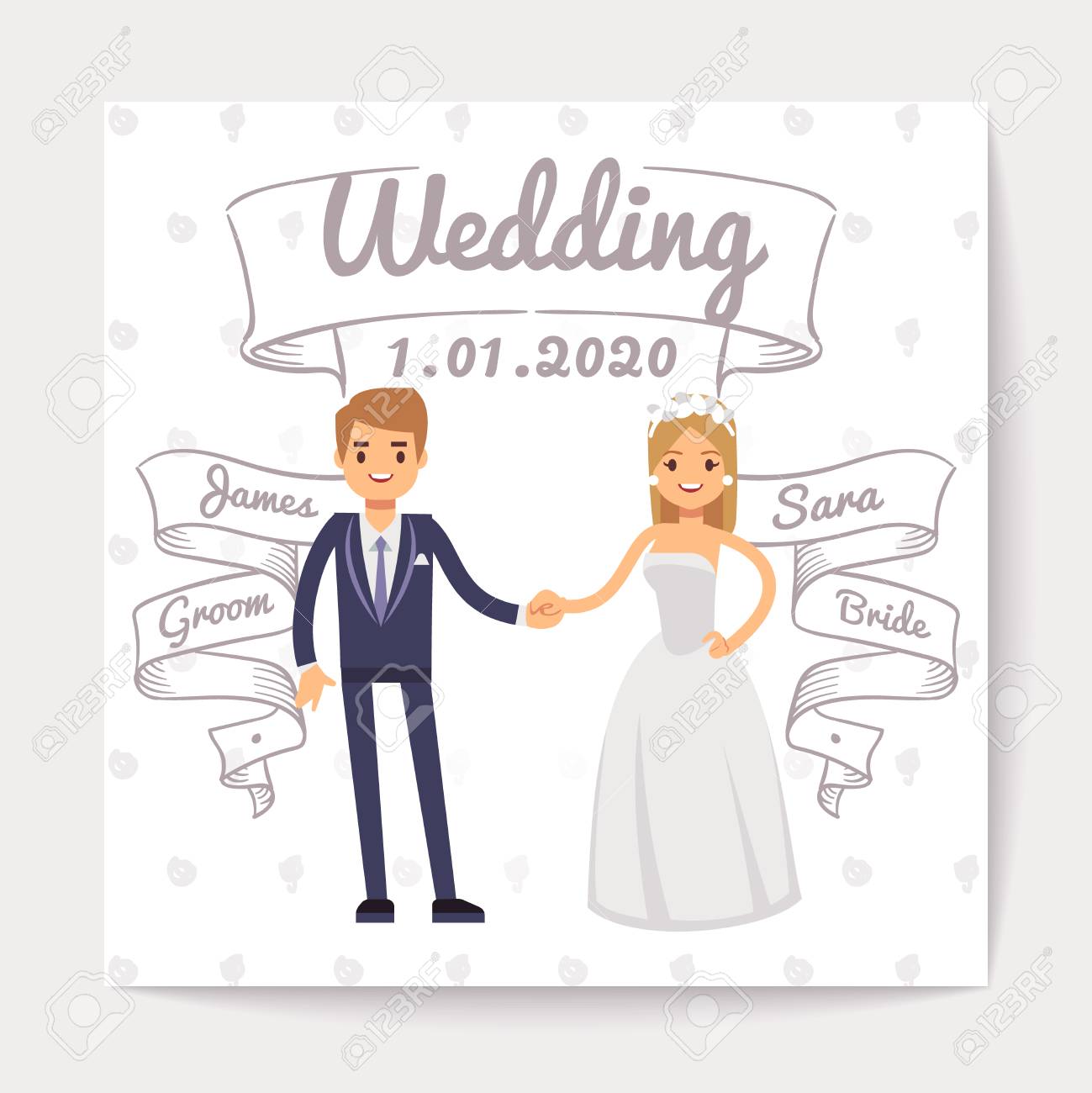 wedding invitation card with just married young couple and them