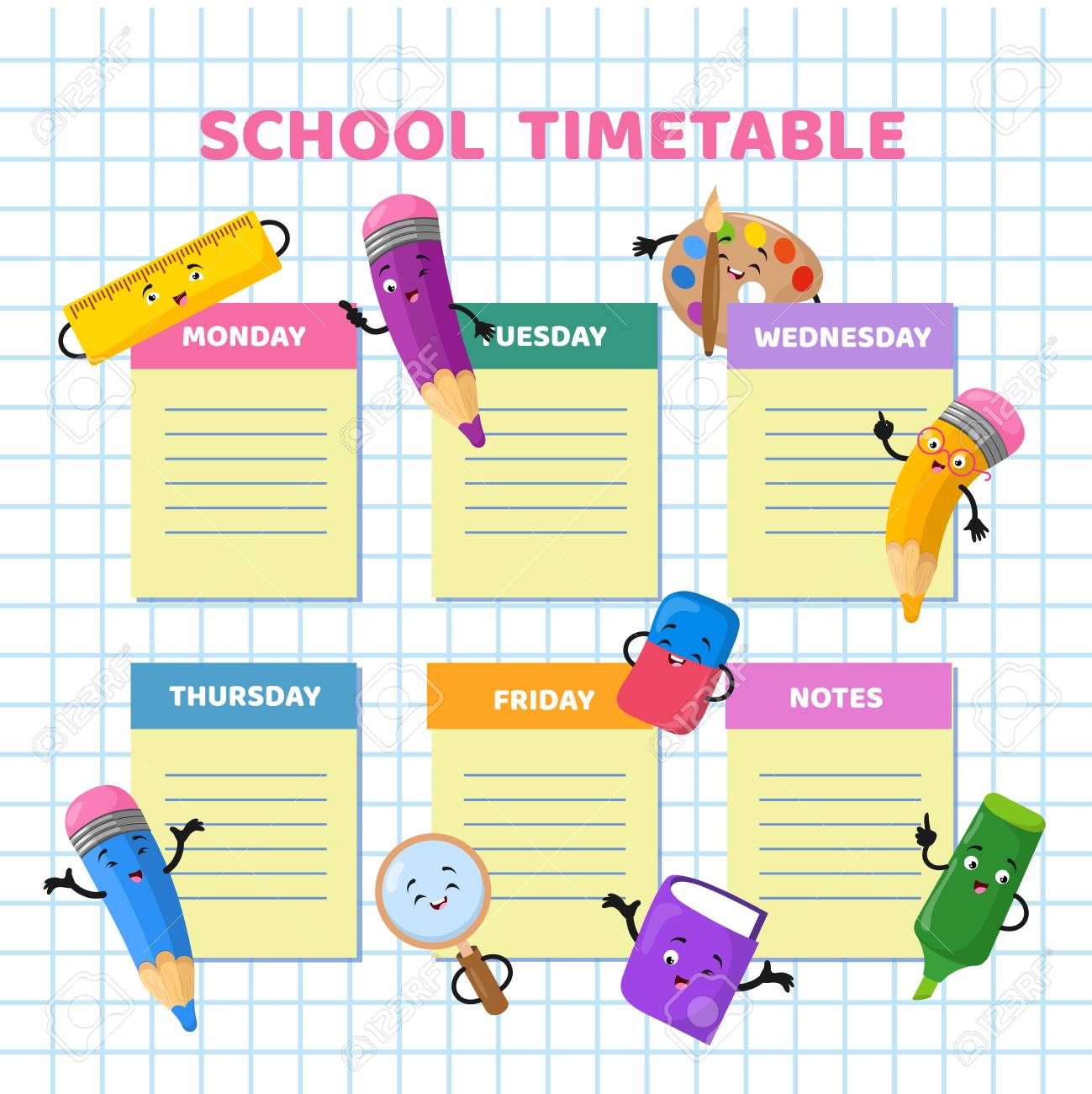 school timetable with funny cartoon stationery characters children school week calendar
