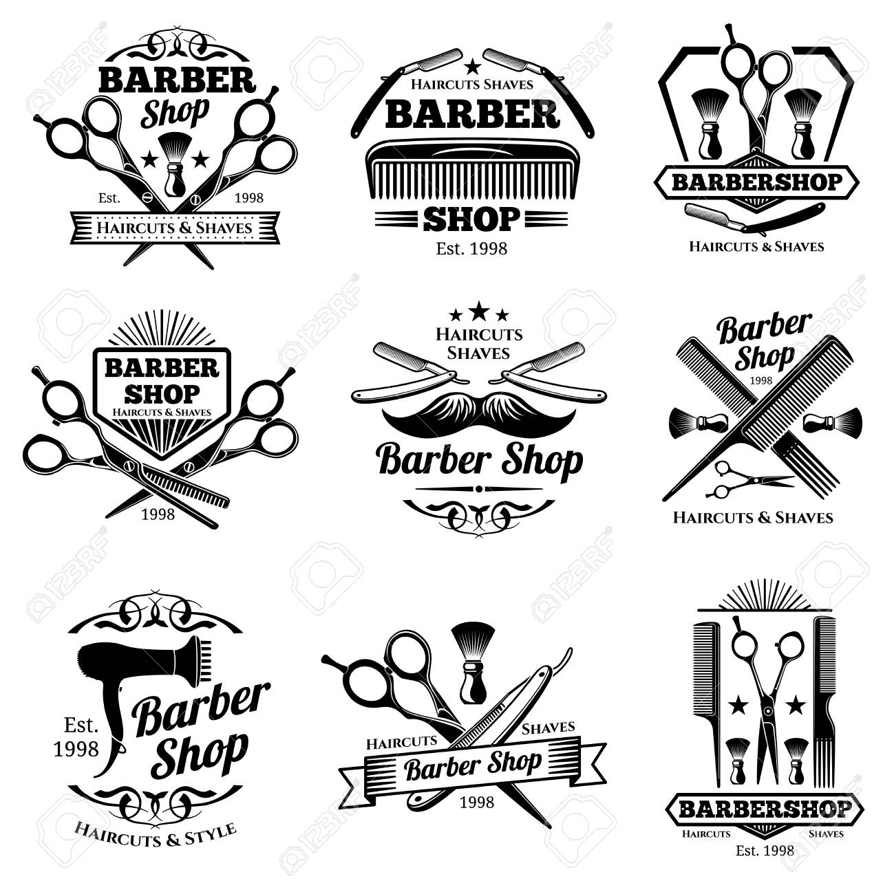 Etiquetas Y Emblemas De Vector Vintage Peluqueria Insignias Y Logotipos De Barbero Barbershop Logo And Barber Shop Vintage Etiqueta E Insignia Ilustracion Ilustraciones Vectoriales Clip Art Vectorizado Libre De Derechos Image 87419652